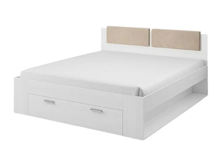 Tweepersoonsbed 160x200 met ingebouwde lades - Collectie FLOYD. Kleur wit met houteffect