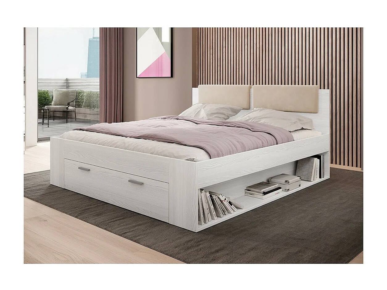 Tweepersoonsbed 160x200 met ingebouwde lades - Collectie FLOYD. Kleur wit met houteffect