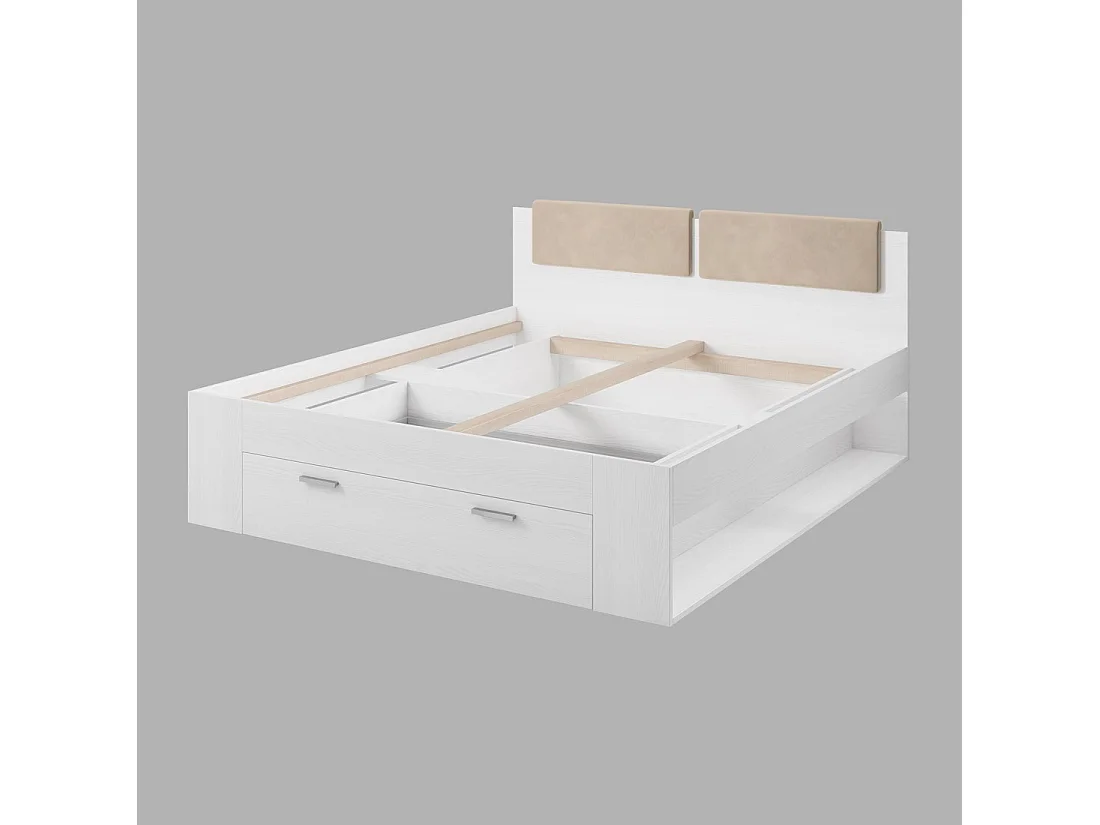 Tweepersoonsbed 160x200 met ingebouwde lades - Collectie FLOYD. Kleur wit met houteffect