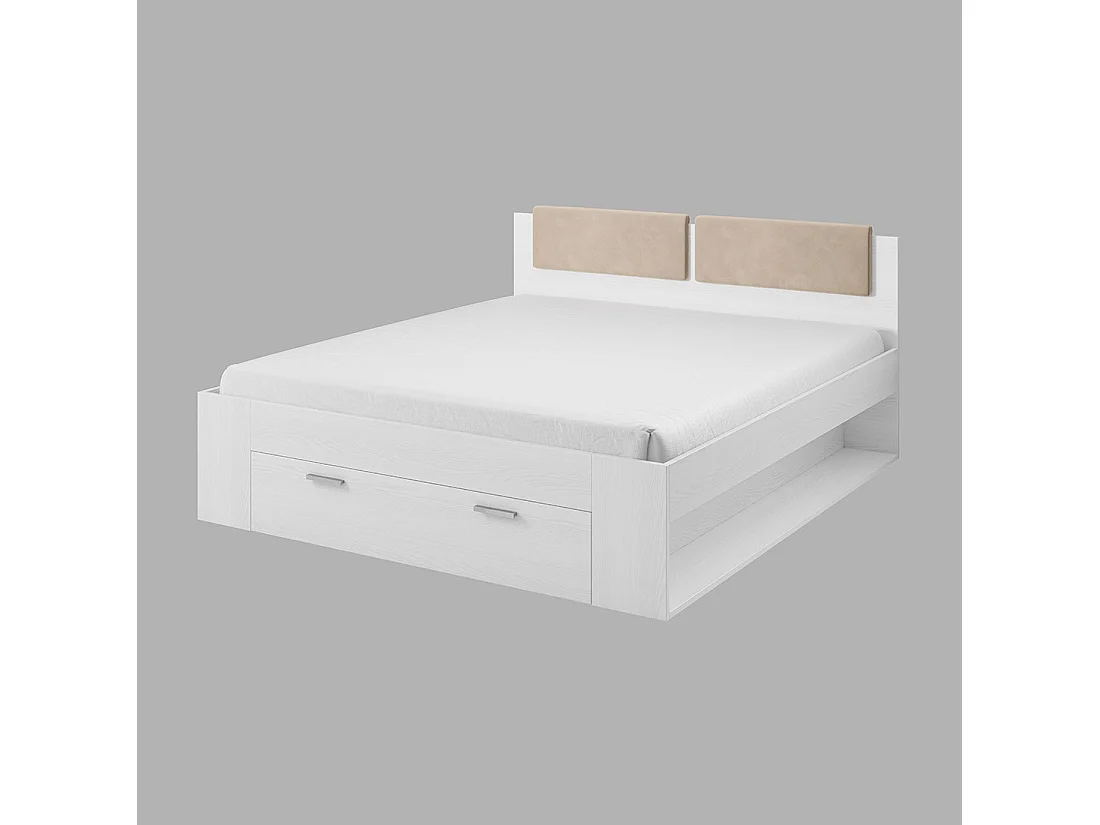Tweepersoonsbed 160x200 met ingebouwde lades - Collectie FLOYD. Kleur wit met houteffect