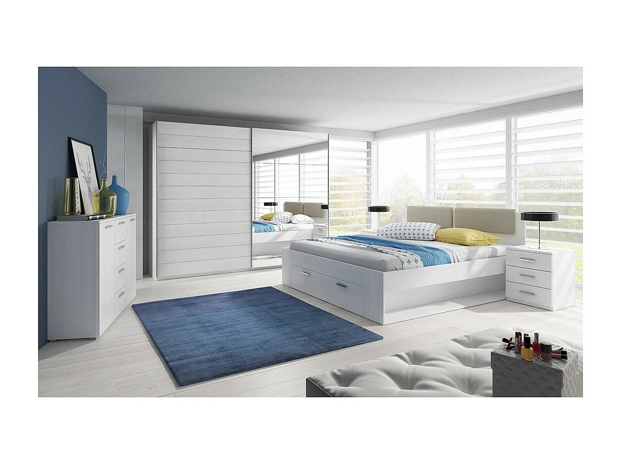 Tweepersoonsbed 160x200 met ingebouwde lades - Collectie FLOYD. Kleur wit met houteffect