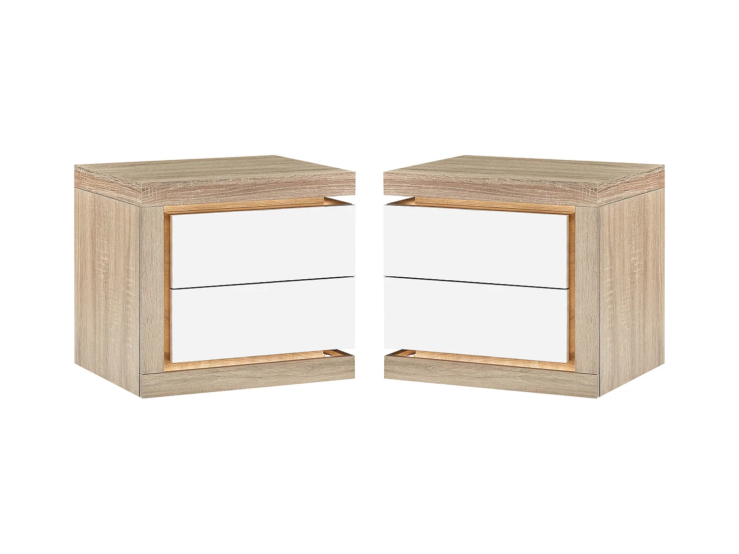 Sæt med 2 sengeborde med 2 skuffer - Med LED-belysning - Hvidlakeret og natur - FLARANCIA