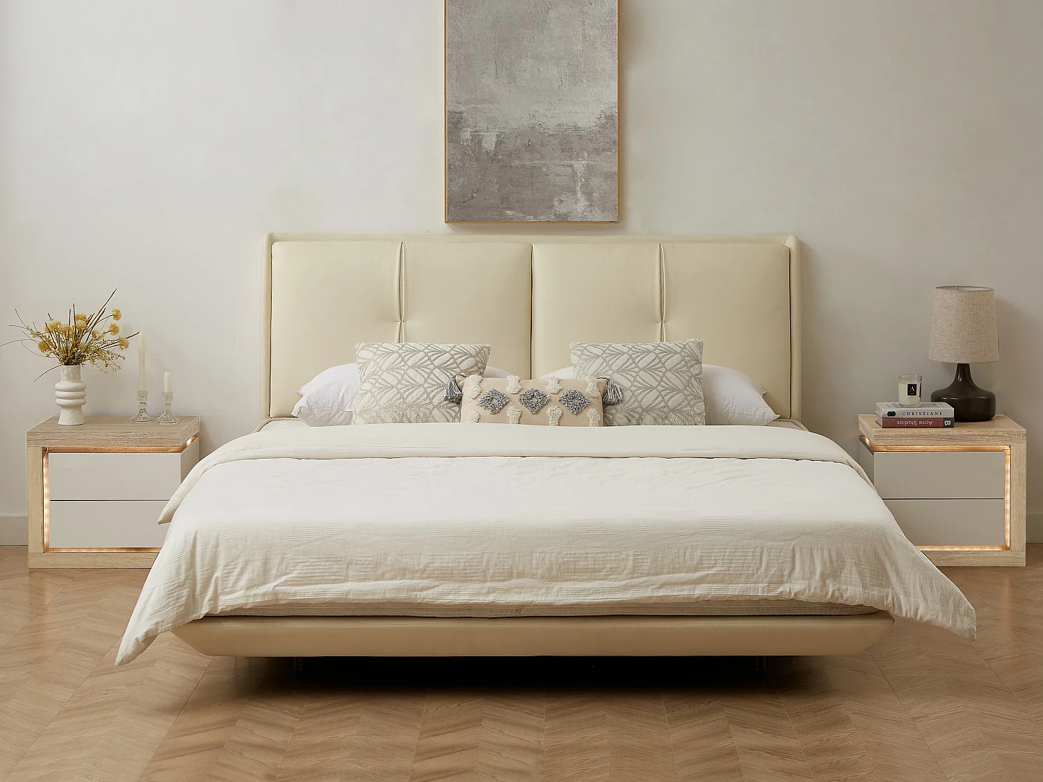 Lotto di 2 comodini con 2 cassetti Con LED Bianco laccato e Naturale - FLARANCIA