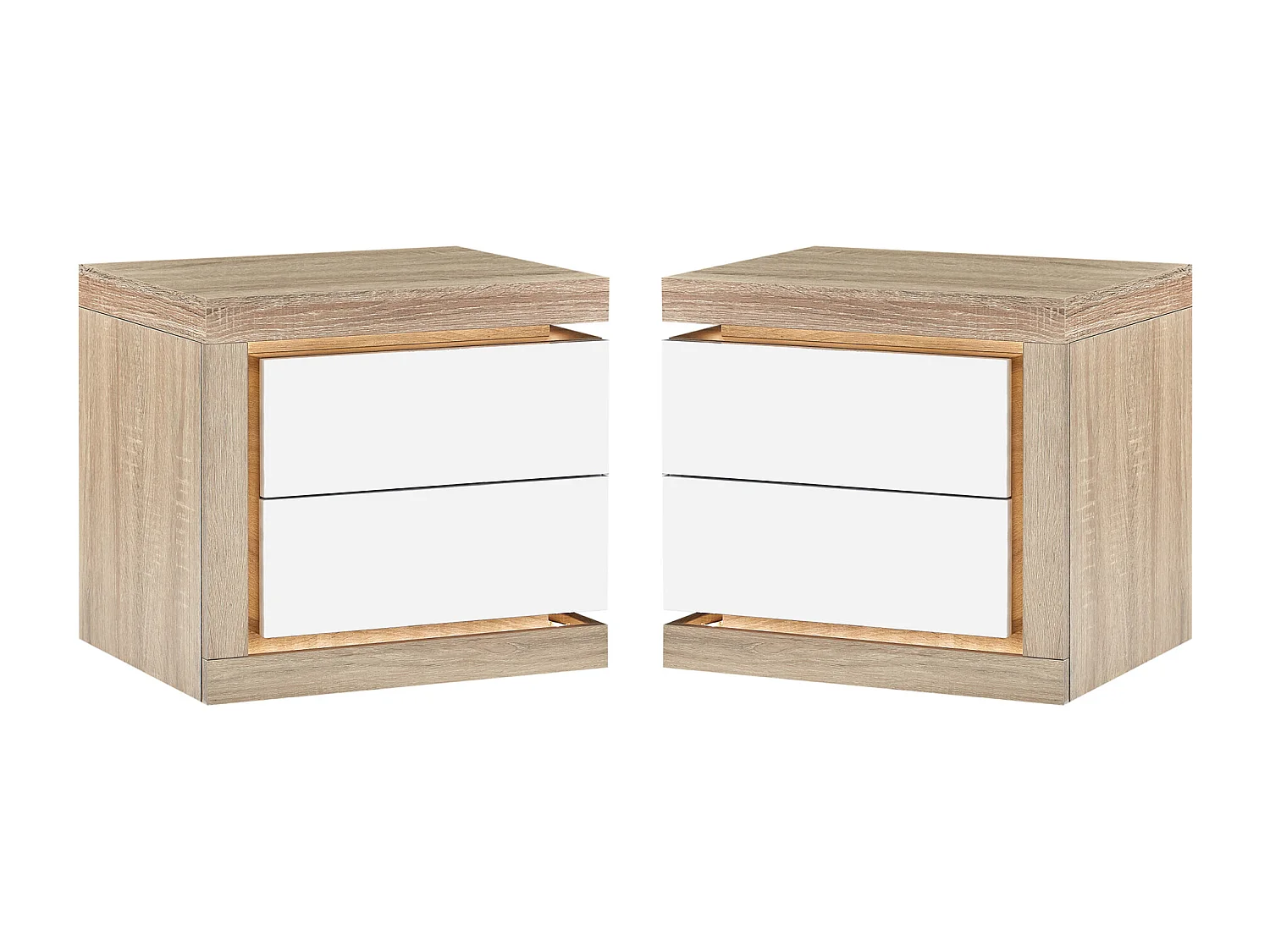 Lotto di 2 comodini con 2 cassetti Con LED Bianco laccato e Naturale - FLARANCIA