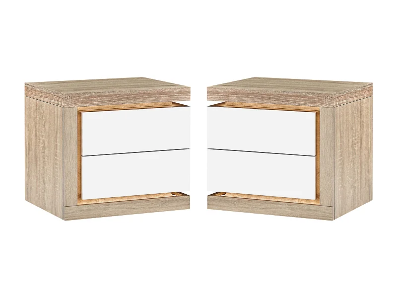 Lot de 2 table de chevet avec 2 tiroirs - Avec LEDs - Blanc laqué et naturel - FLARANCIA