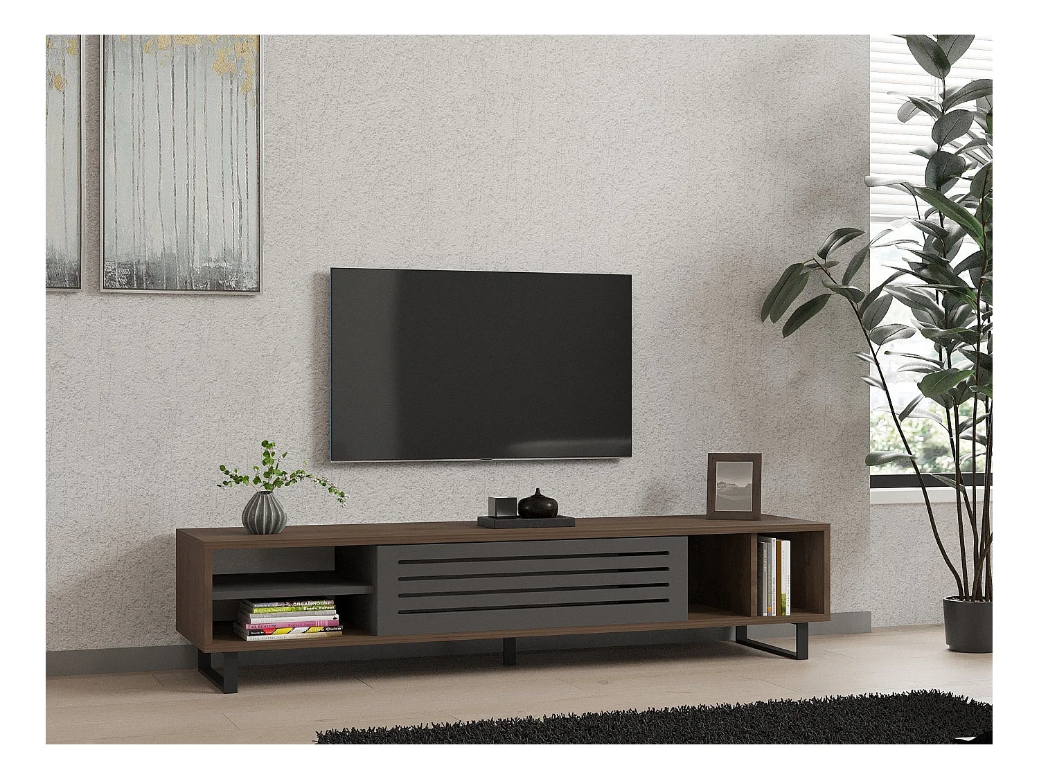 Mesa de tv Kailua 1493, Nogal|Antracita, 160x35x40cm