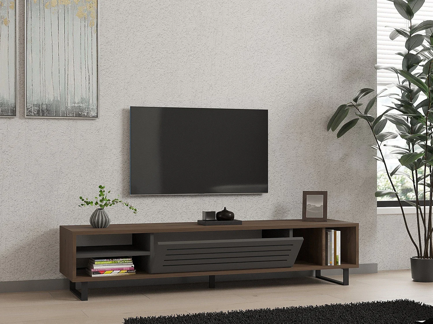 Móvel de TV – 160 x 35 x 40 cm – nogueira e antracite – painel de partículas revestido de melamina