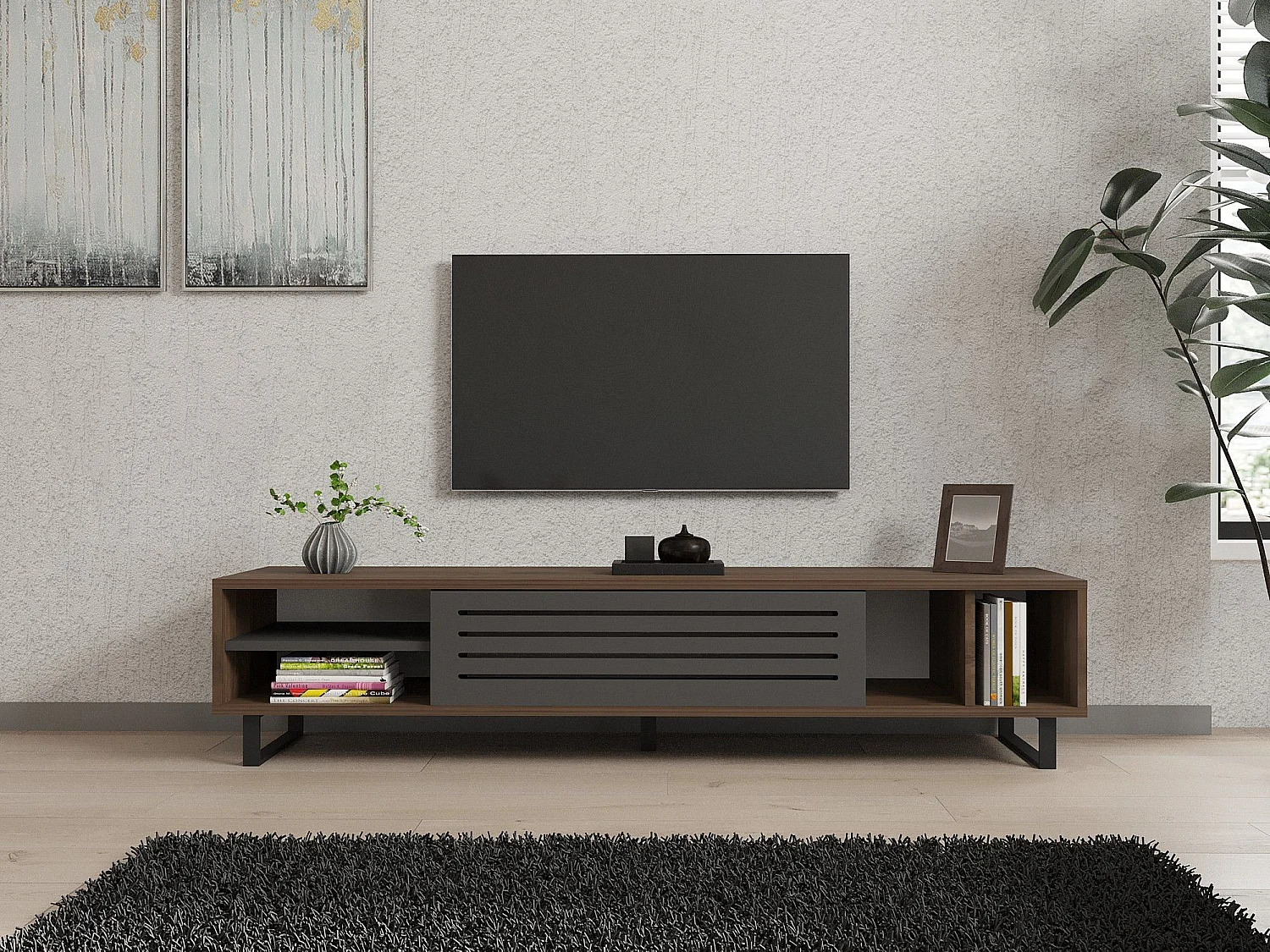 TV-bänk – 160 x 35 x 40 cm – valnöt och antracit – melaminbelagd spånskiva