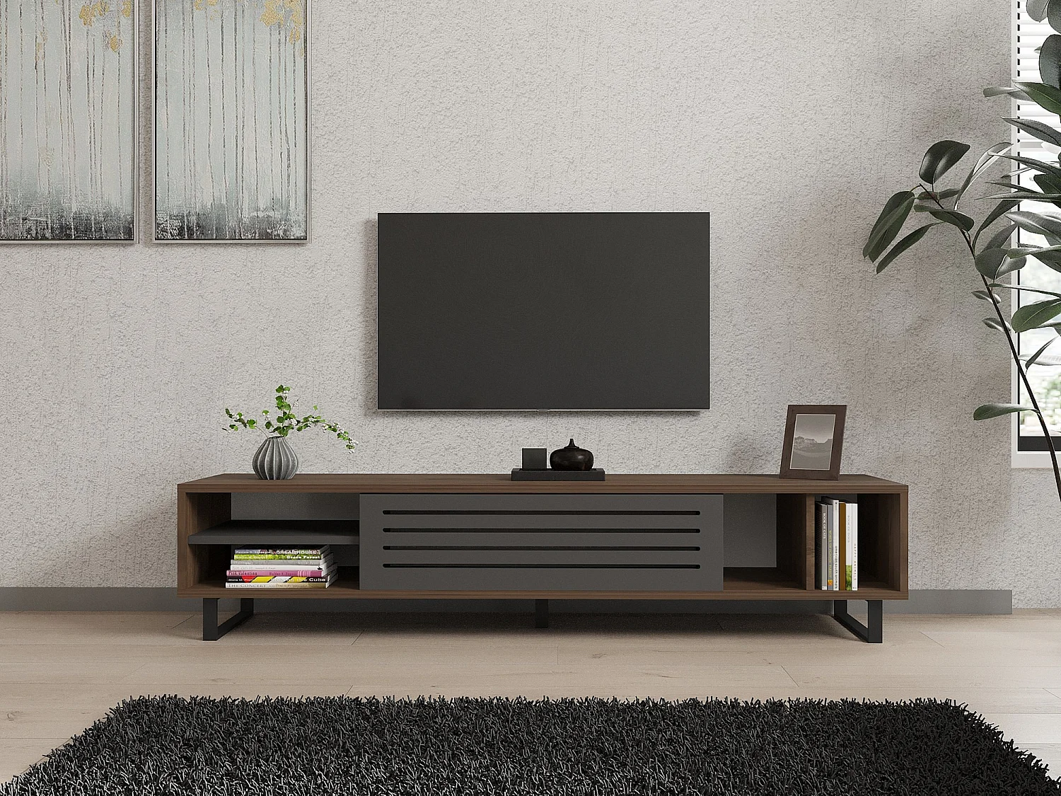 TV-bänk – 160 x 35 x 40 cm – valnöt och antracit – melaminbelagd spånskiva