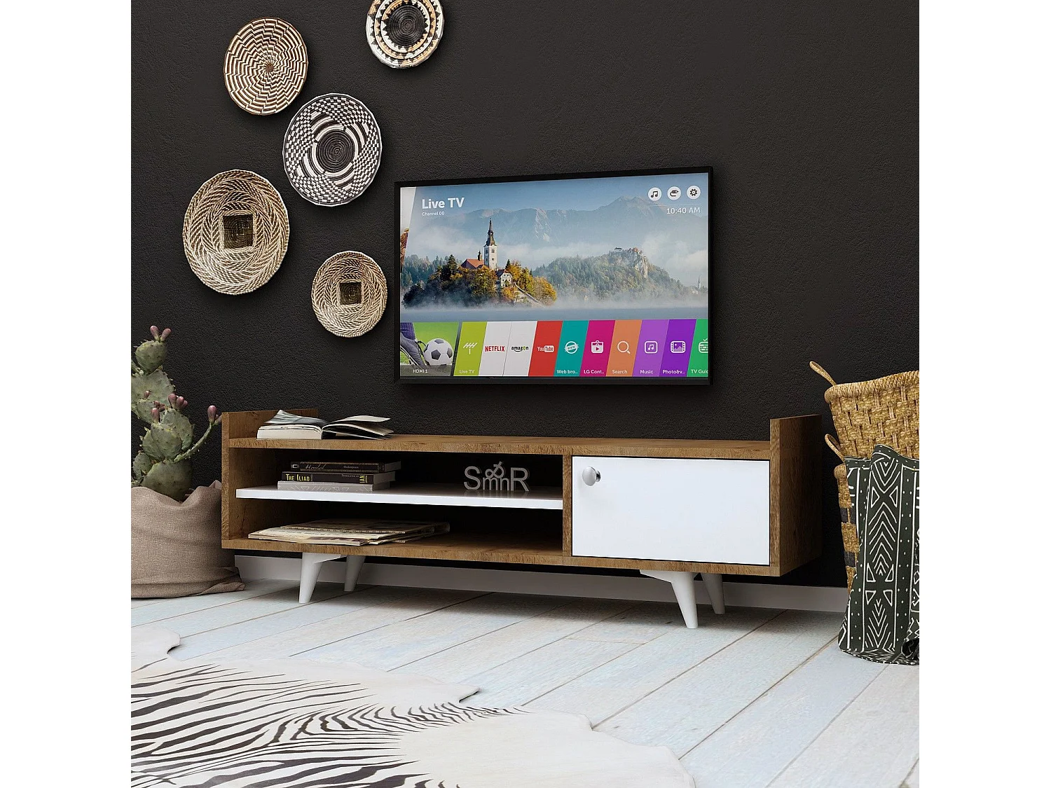 TV-Ständer – 120 cm x 47 cm x 35 cm – Eiche und Weiß – Spanplatte