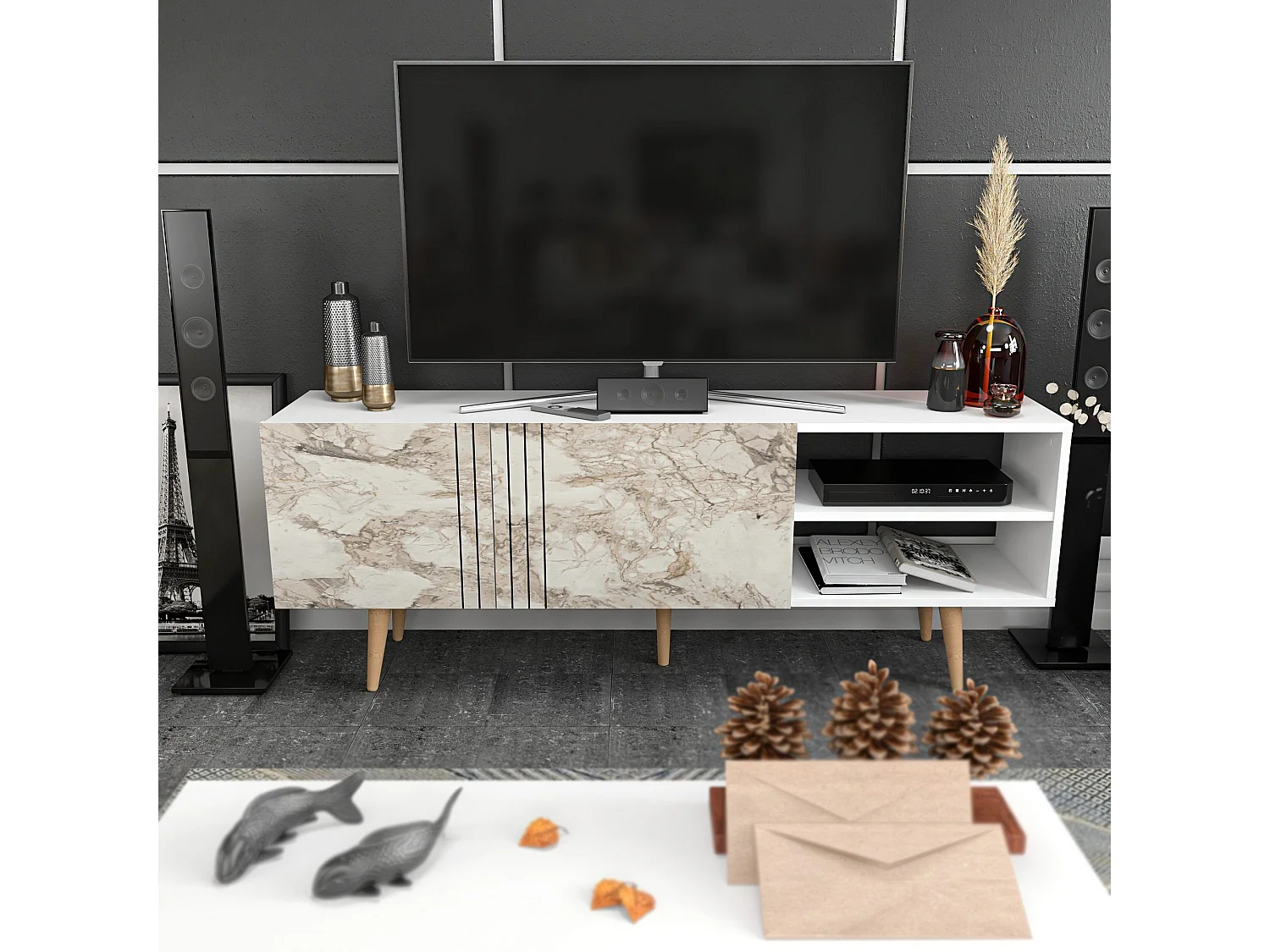 Moderne tv-standaard, 160 cm, antraciet en wit, 100% melamine gecoate spaanplaat, 18 mm dik | Elegant design voor woonkamers en entertainmentruimtes
