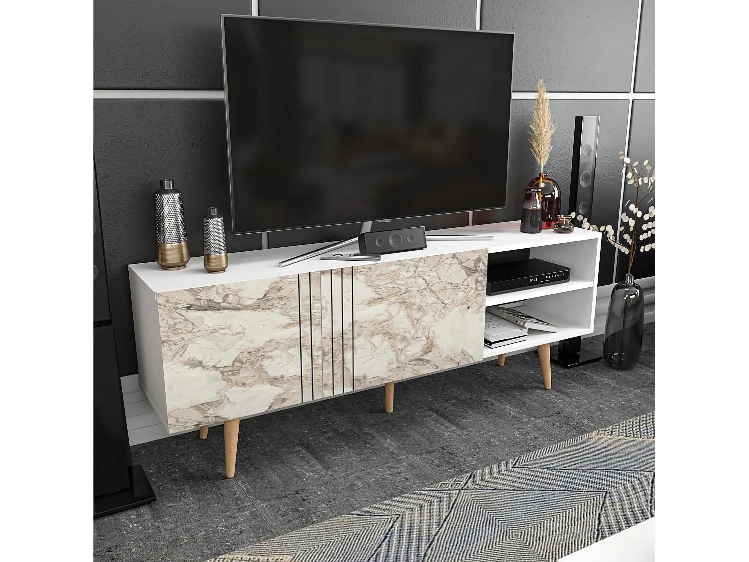 Moderne tv-standaard, 160 cm, antraciet en wit, 100% melamine gecoate spaanplaat, 18 mm dik | Elegant design voor woonkamers en entertainmentruimtes