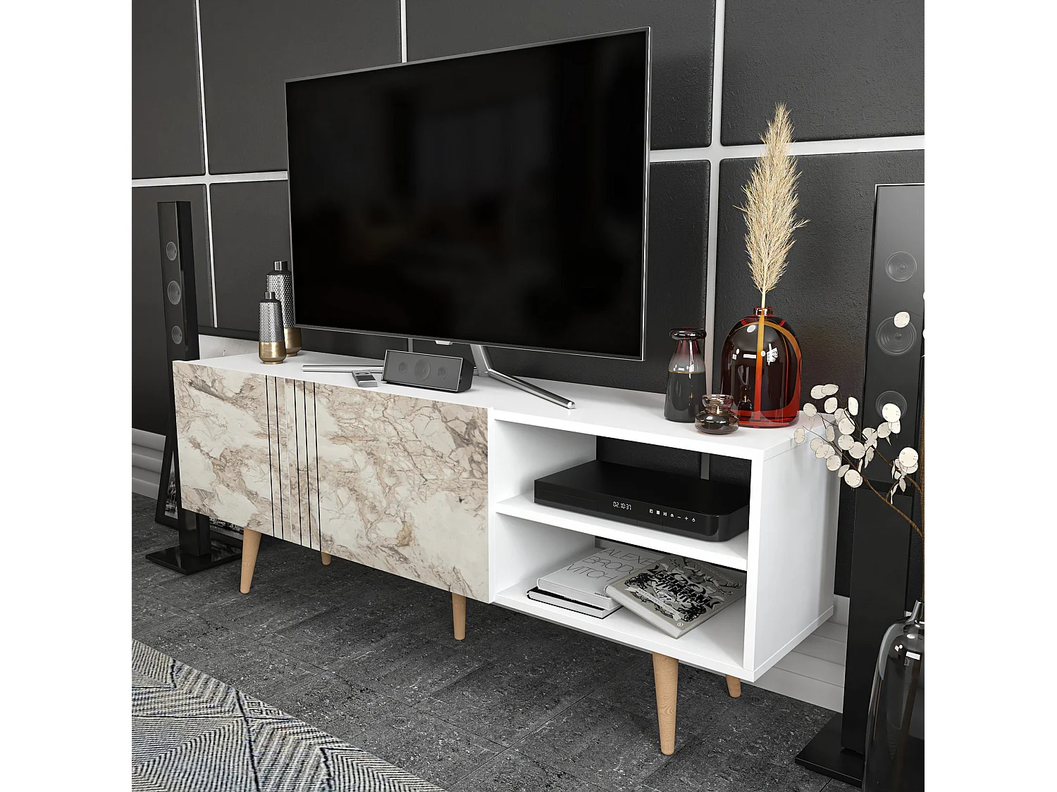 Moderne tv-standaard, 160 cm, antraciet en wit, 100% melamine gecoate spaanplaat, 18 mm dik | Elegant design voor woonkamers en entertainmentruimtes