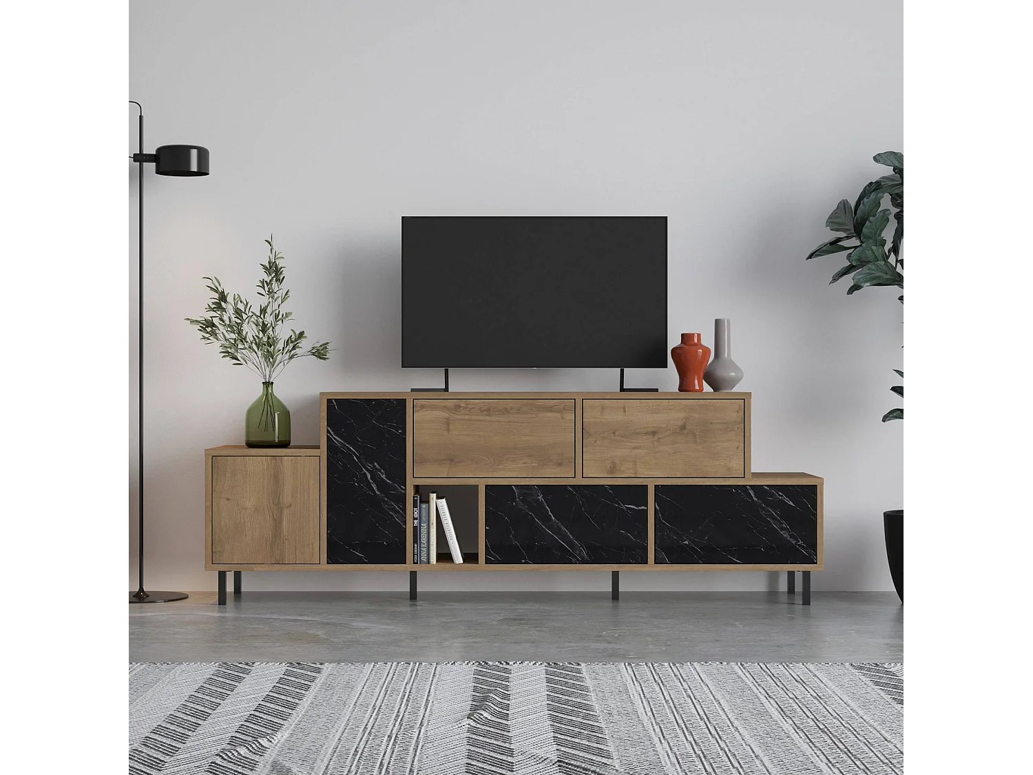 Meuble Tv Simia L171,2cm Bois foncé et Effet marbre Noir