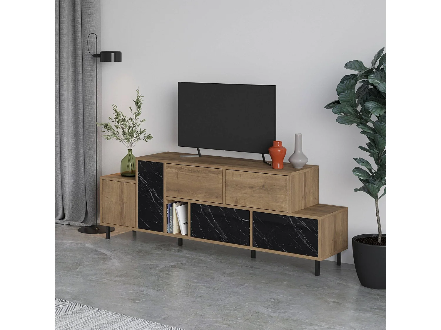 Meuble Tv Simia L171,2cm Bois foncé et Effet marbre Noir