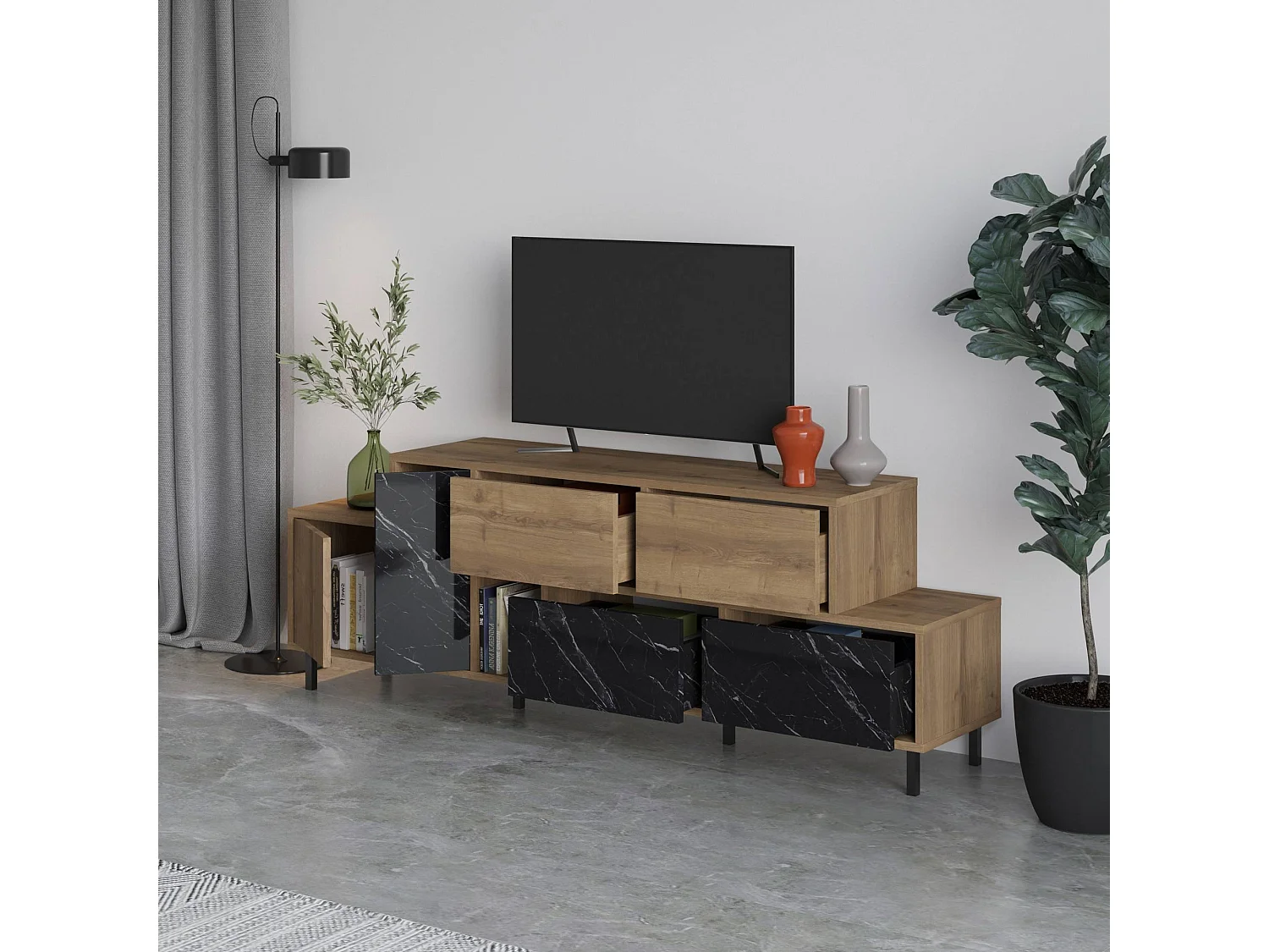 Meuble Tv Simia L171,2cm Bois foncé et Effet marbre Noir