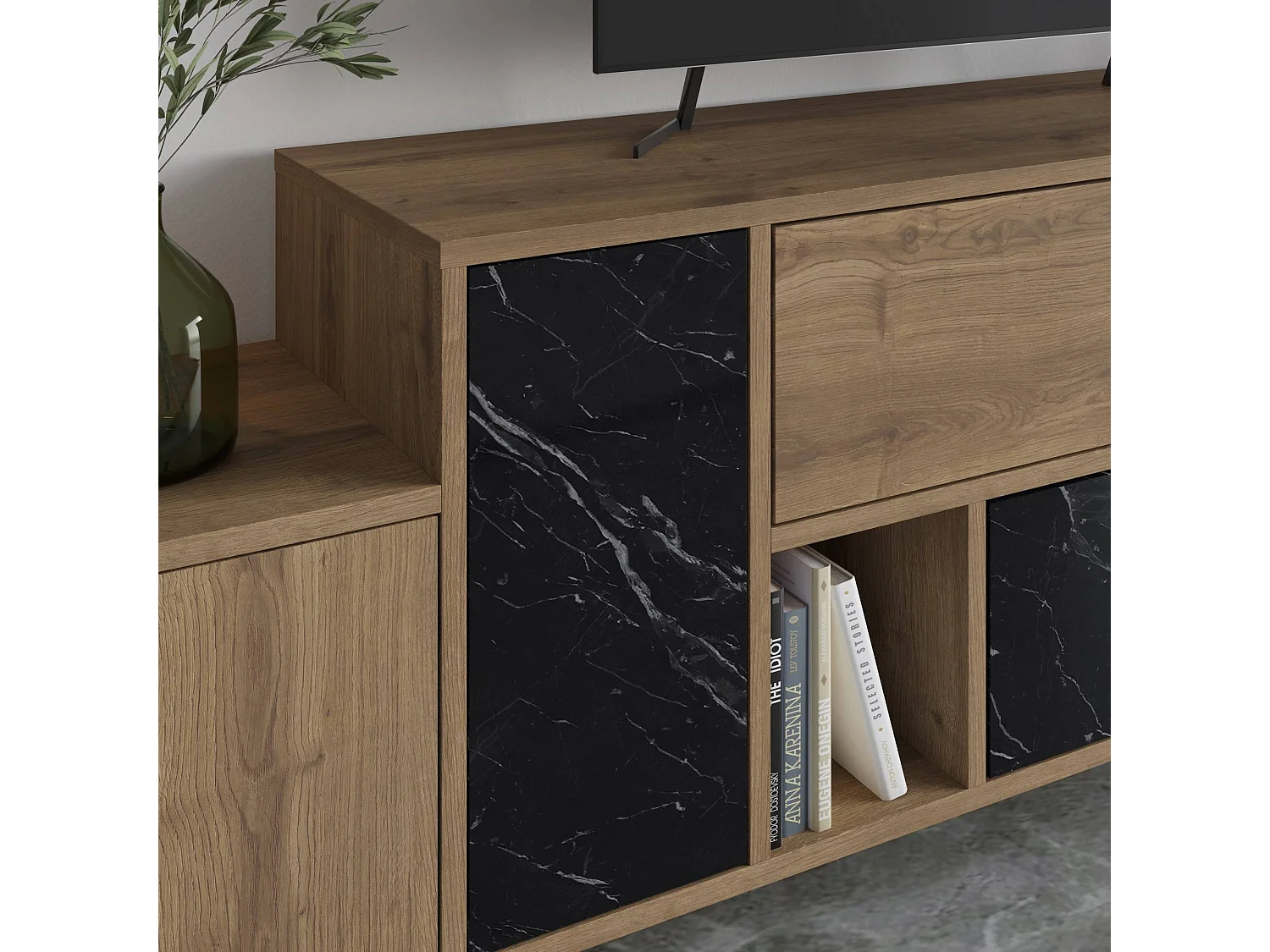 Meuble Tv Simia L171,2cm Bois foncé et Effet marbre Noir