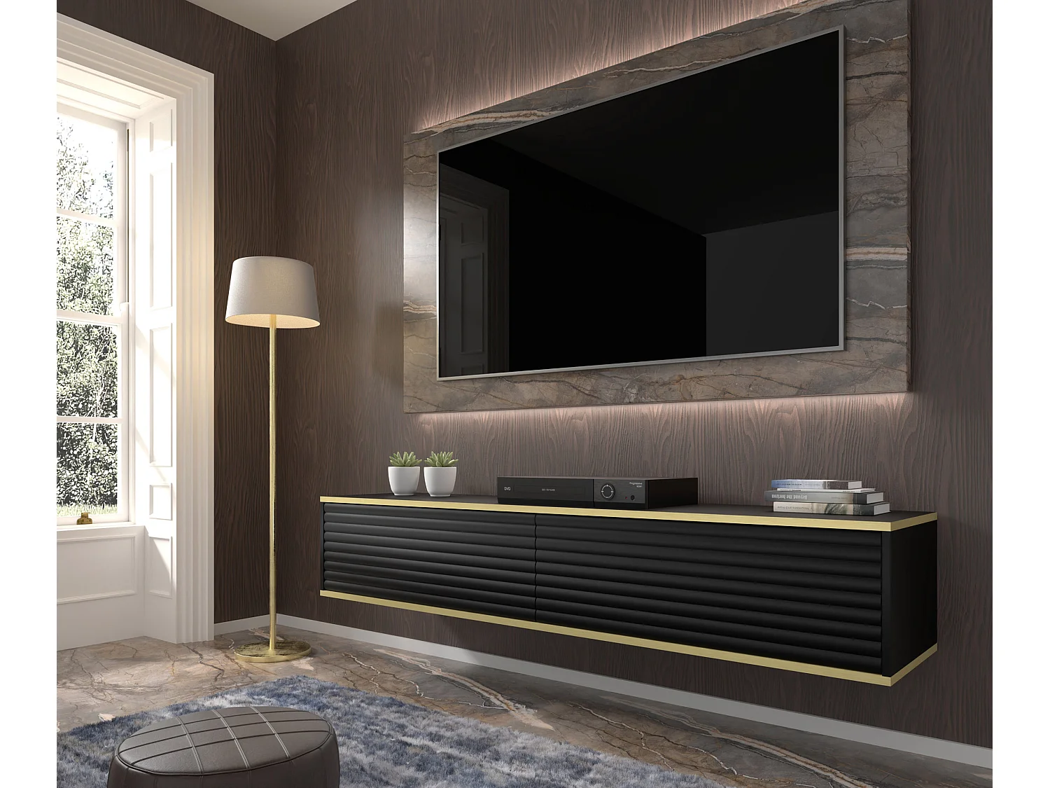 Meuble TV suspendu SUBI 180 cm noir mat