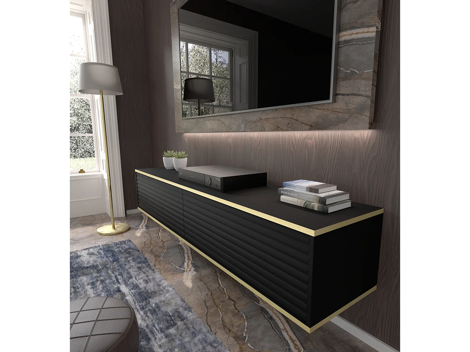 Meuble TV suspendu SUBI 180 cm noir mat