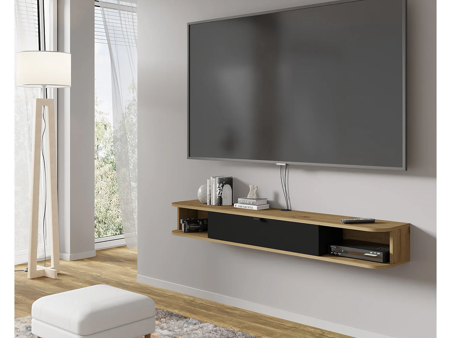 Mobile TV sospeso ICARUS 156 cm rovere artigianale / nero opaco