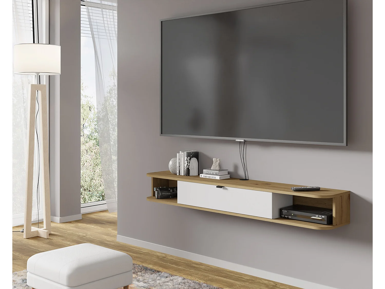 TV-meubel suspended ICARUS 156 cm artisan eiken / wit mat