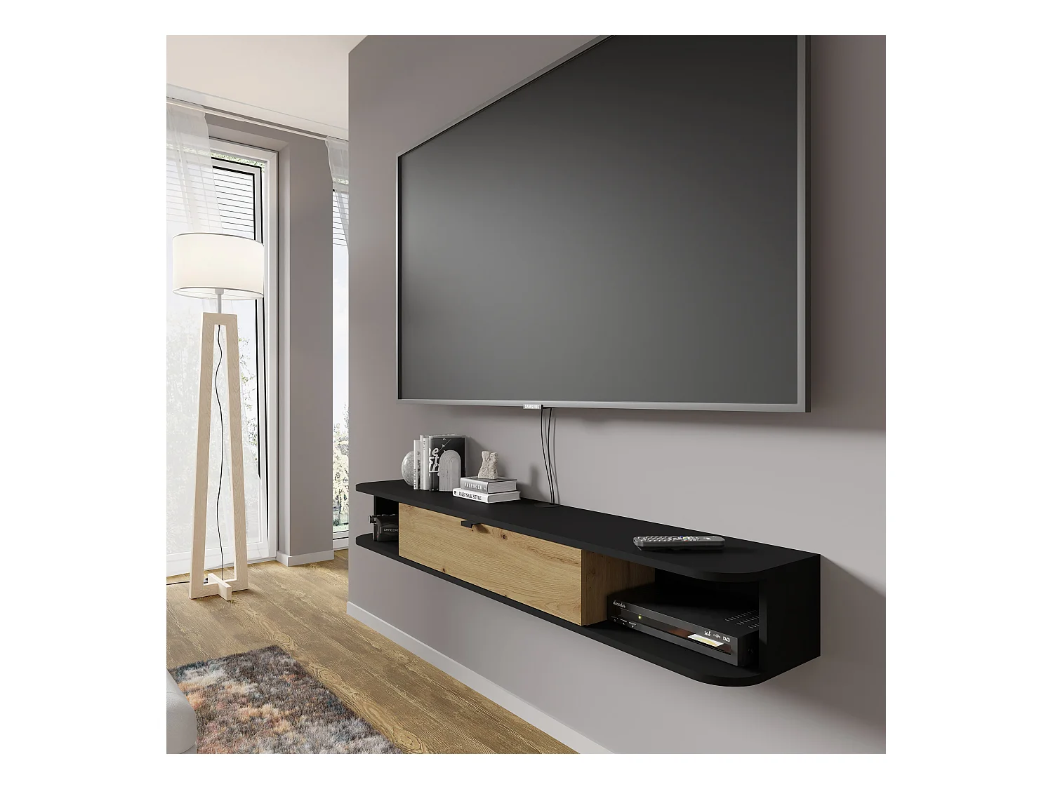 TV-Schrank hängend ICARUS 156 cm Schwarz Matt / Artisan Eiche