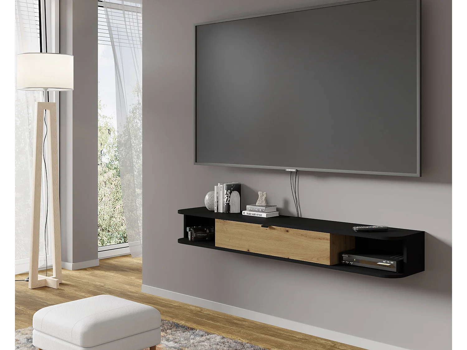 TV-Schrank hängend ICARUS 156 cm Schwarz Matt / Artisan Eiche