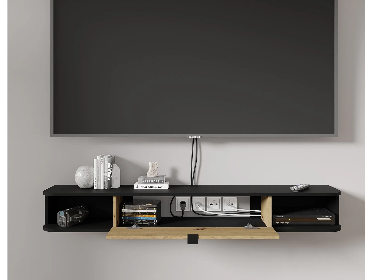 Meuble TV suspendu ICARUS 156 cm noir mat / chêne artisan