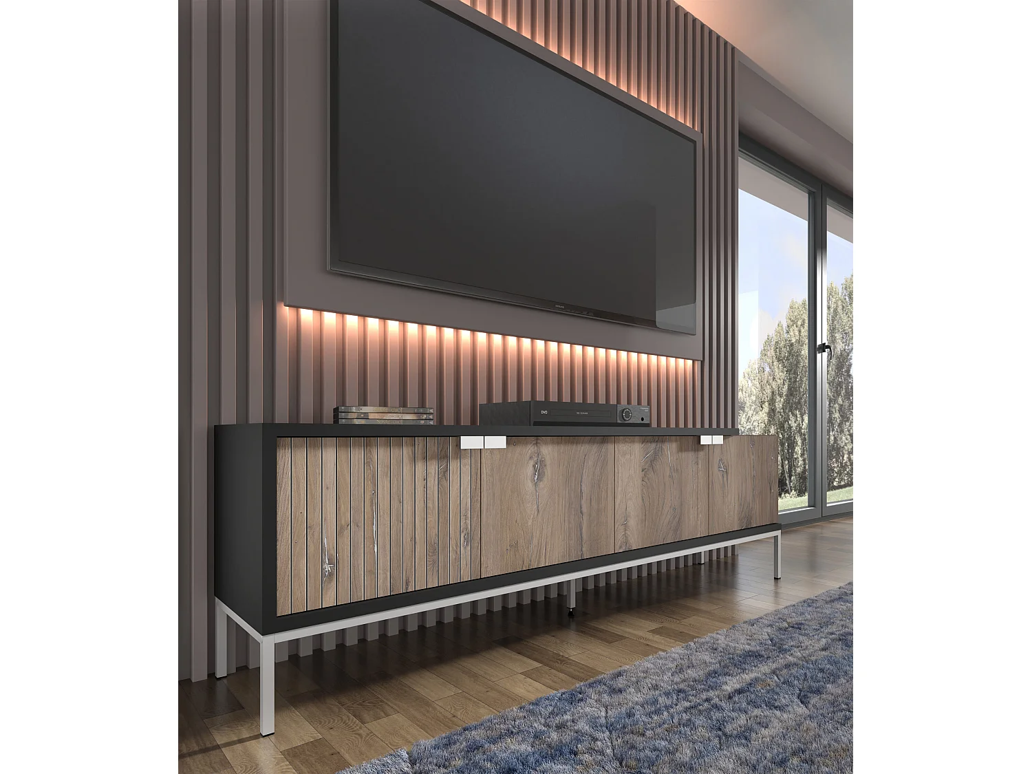 Meuble TV TOLEDO 190 cm 4D chêne flagstaff / noir mat - cadre argenté