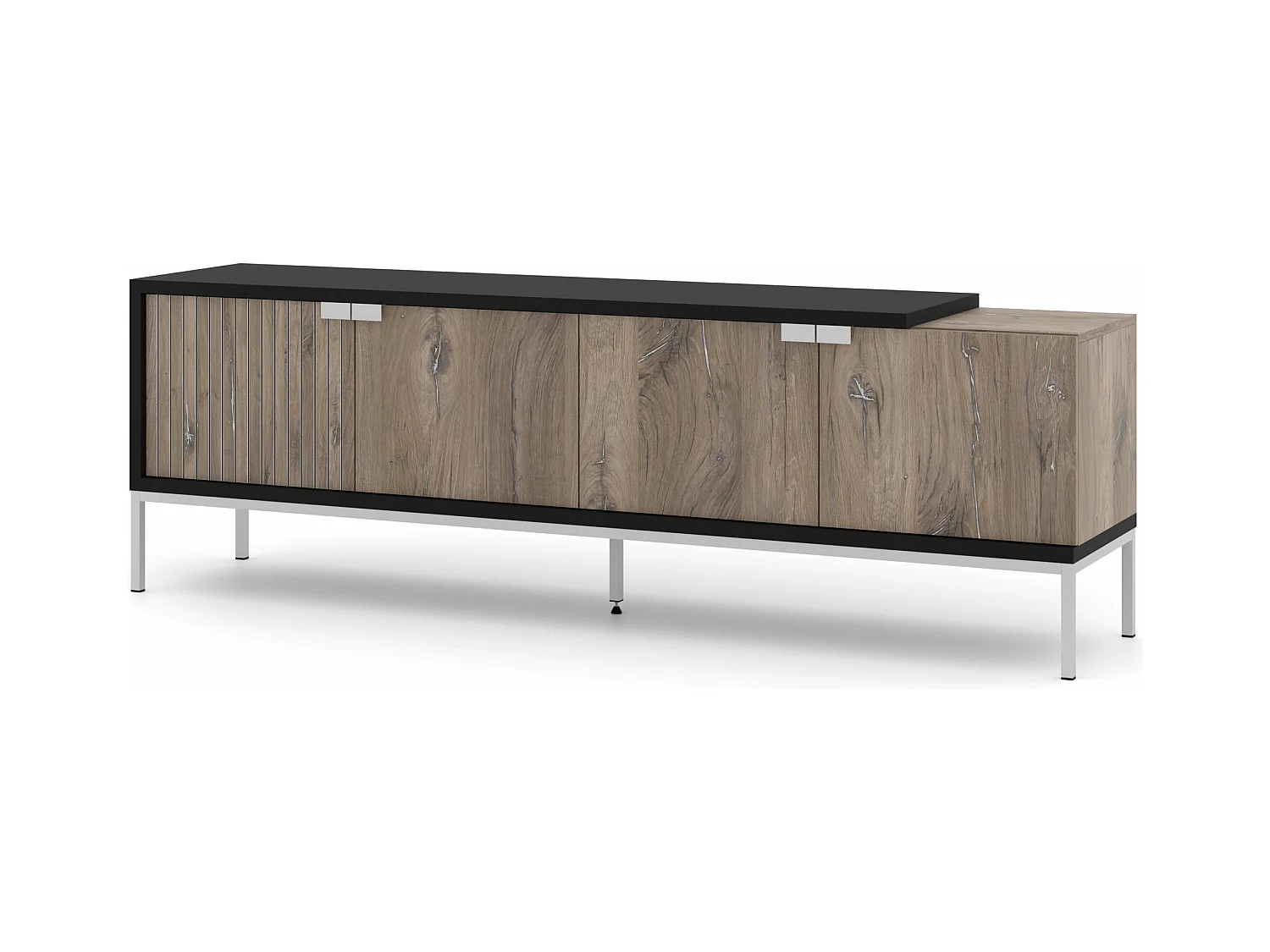 Meuble TV TOLEDO 190 cm 4D chêne flagstaff / noir mat - cadre argenté