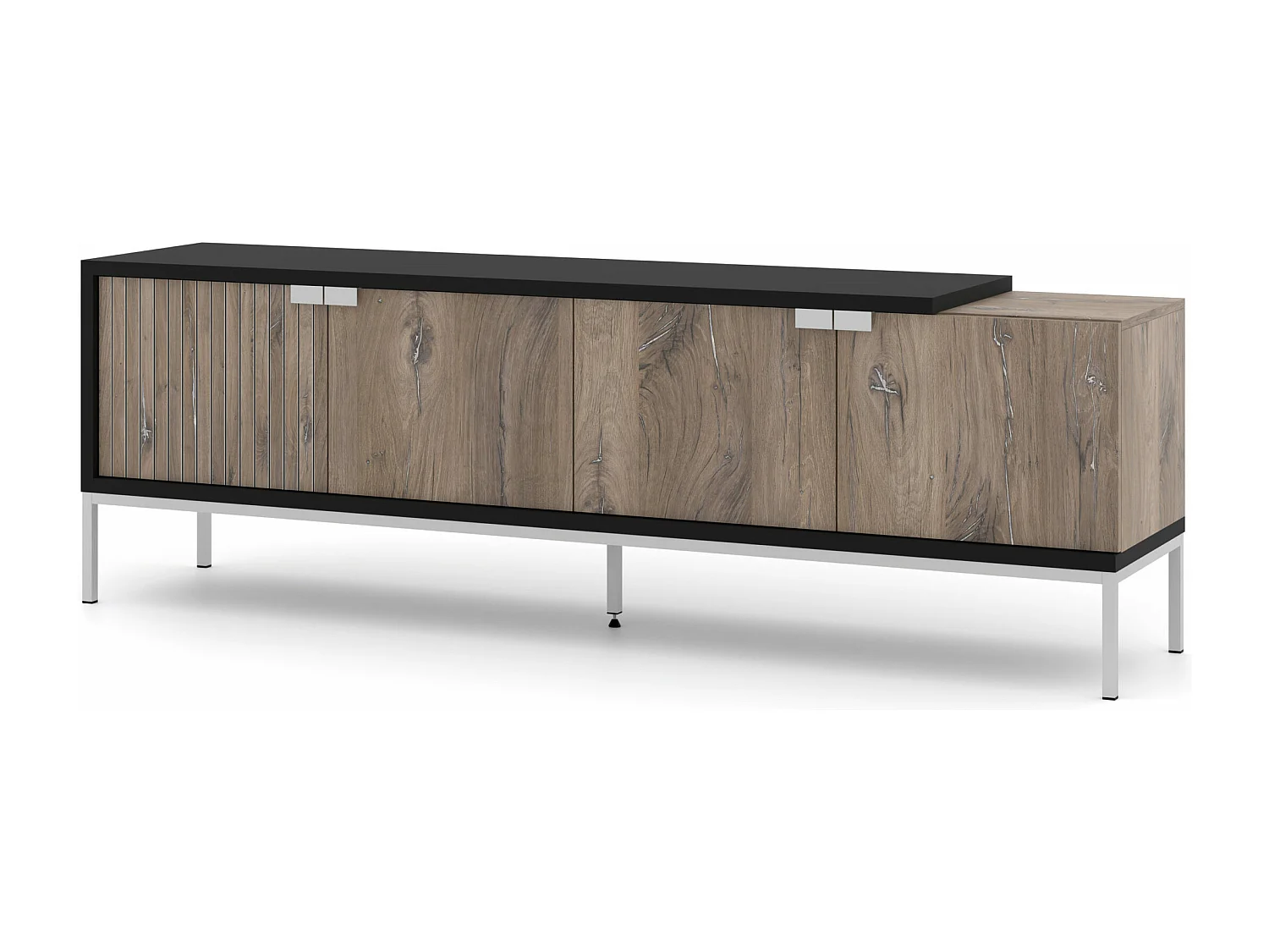 Meuble TV TOLEDO 190 cm 4D chêne flagstaff / noir mat - cadre argenté