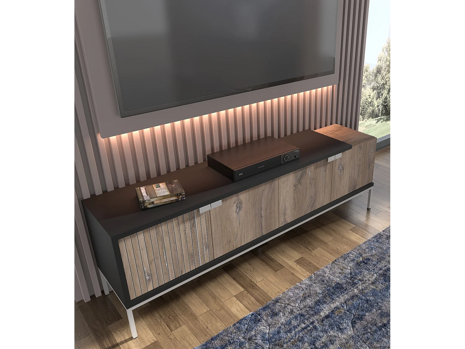 Meuble TV TOLEDO 190 cm 4D chêne flagstaff / noir mat - cadre argenté