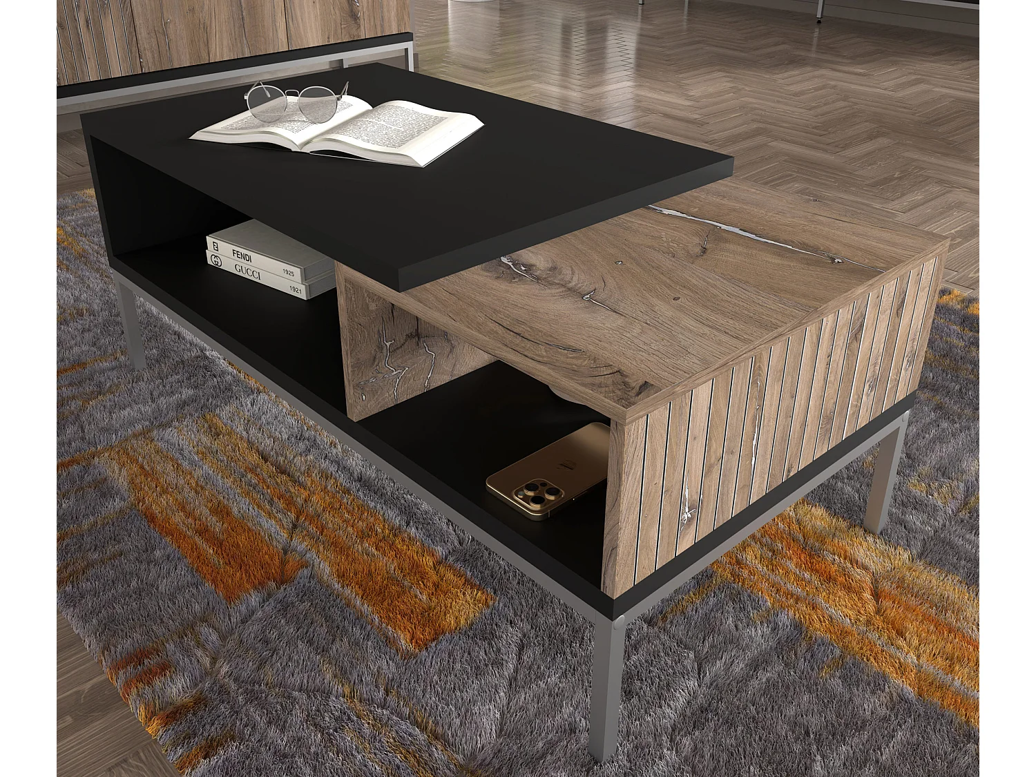 Couchtisch TOLEDO 110x55 cm Eiche Flagstaff / Schwarz Matt - Silberrahmen