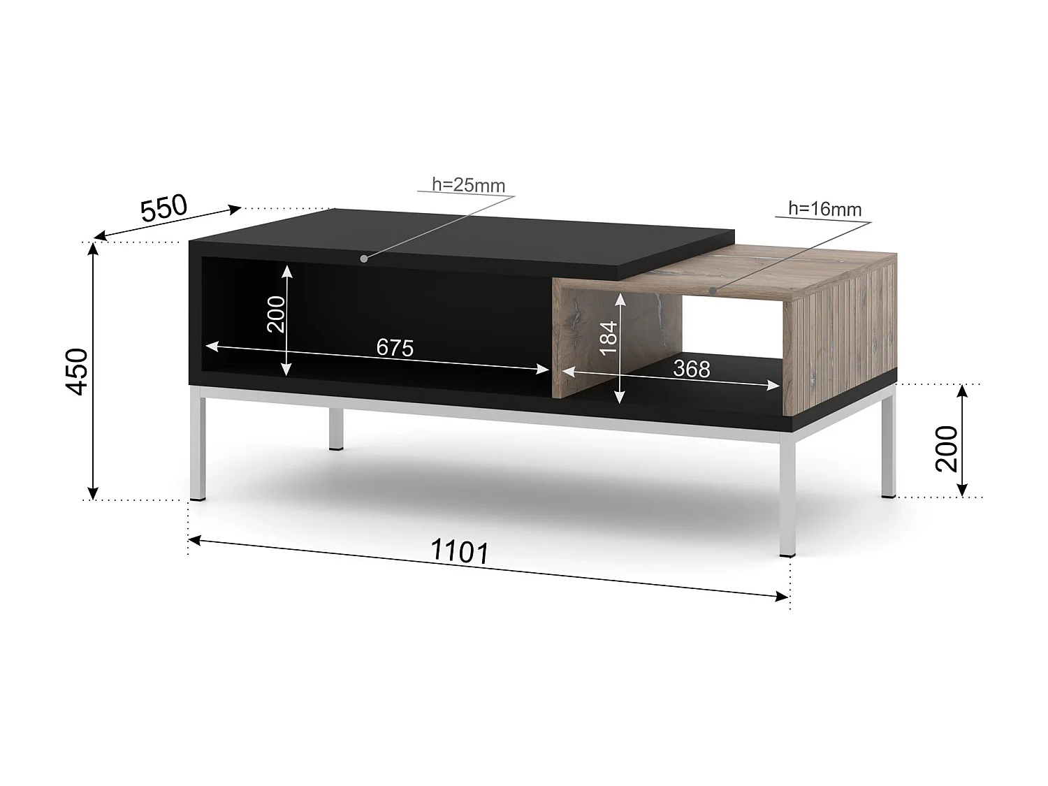 Couchtisch TOLEDO 110x55 cm Eiche Flagstaff / Schwarz Matt - Silberrahmen