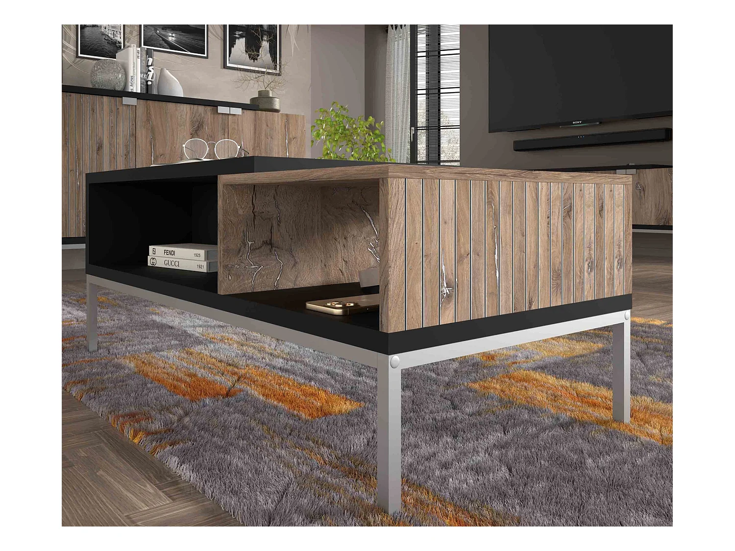 Table basse TOLEDO 110x55 cm chêne flagstaff / noir mat - cadre argenté