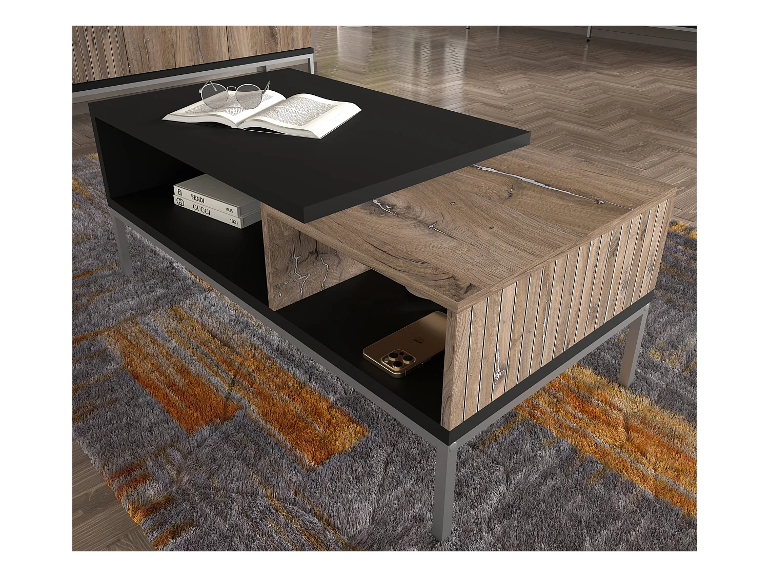 Table basse TOLEDO 110x55 cm chêne flagstaff / noir mat - cadre argenté