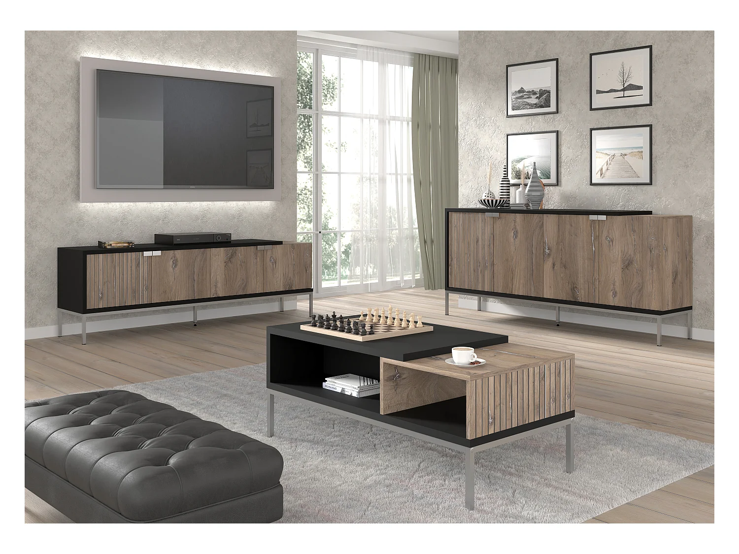 Table basse TOLEDO 110x55 cm chêne flagstaff / noir mat - cadre argenté