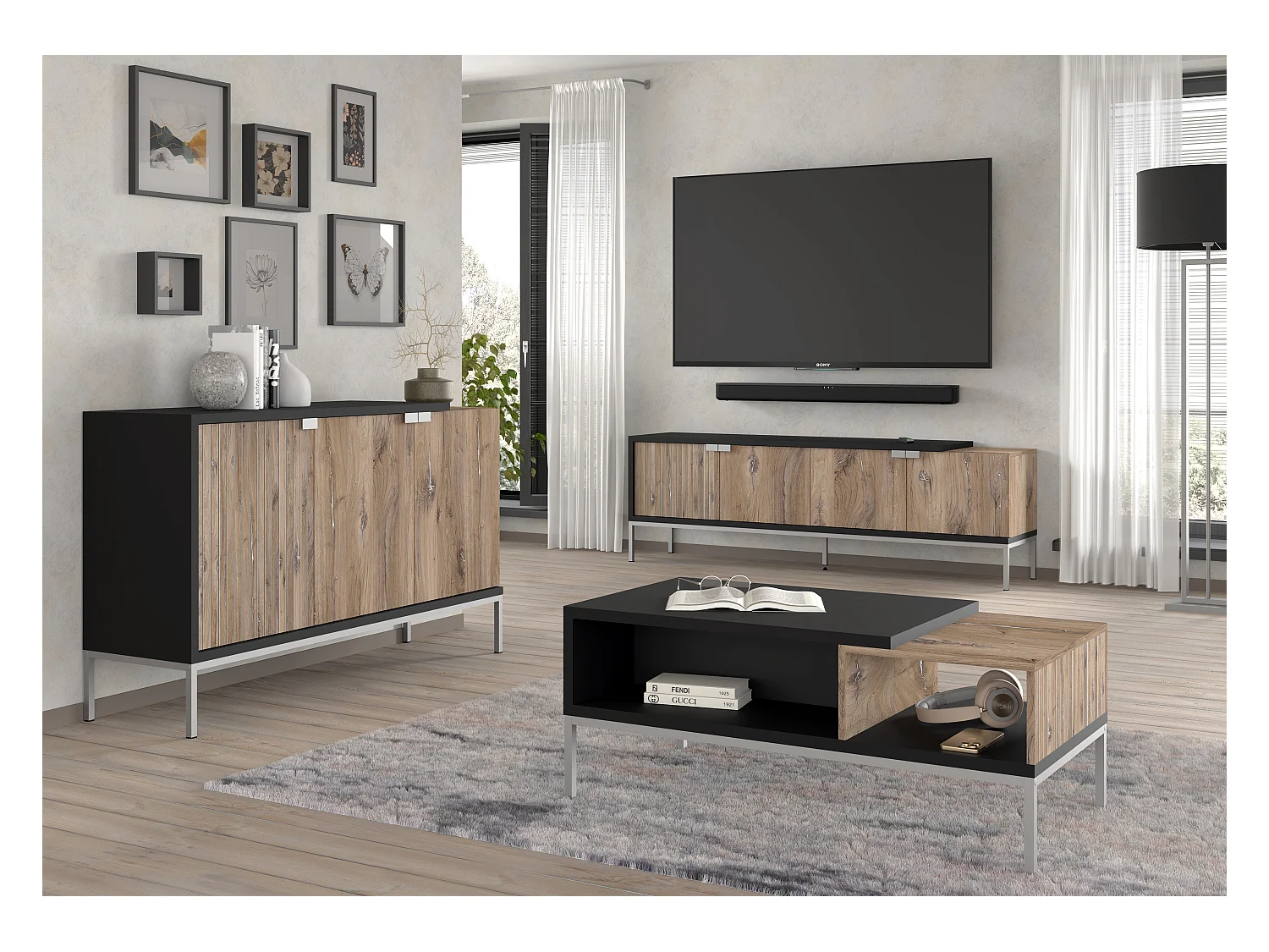 Table basse TOLEDO 110x55 cm chêne flagstaff / noir mat - cadre argenté