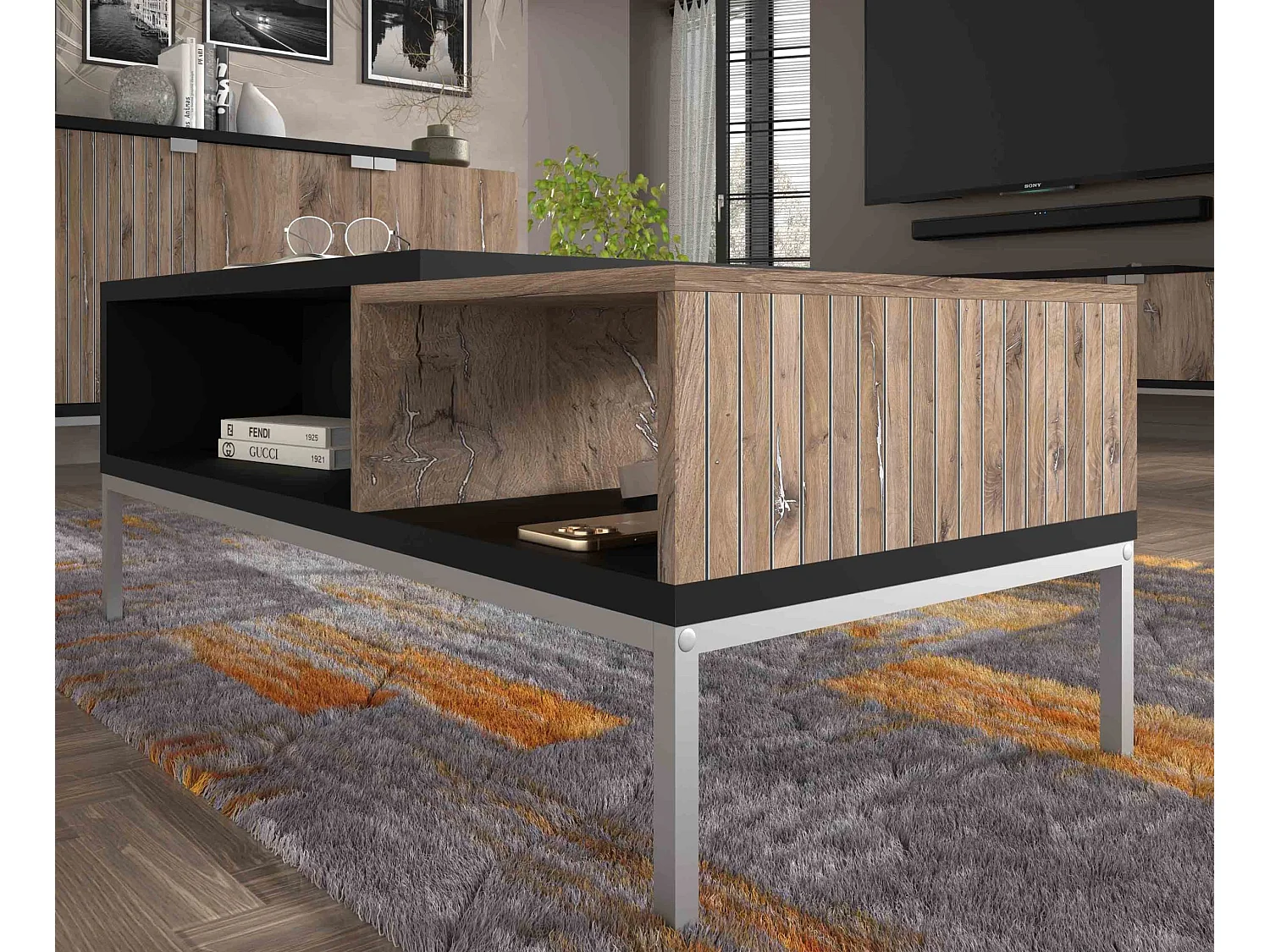 Table basse TOLEDO 110x55 cm chêne flagstaff / noir mat - cadre argenté