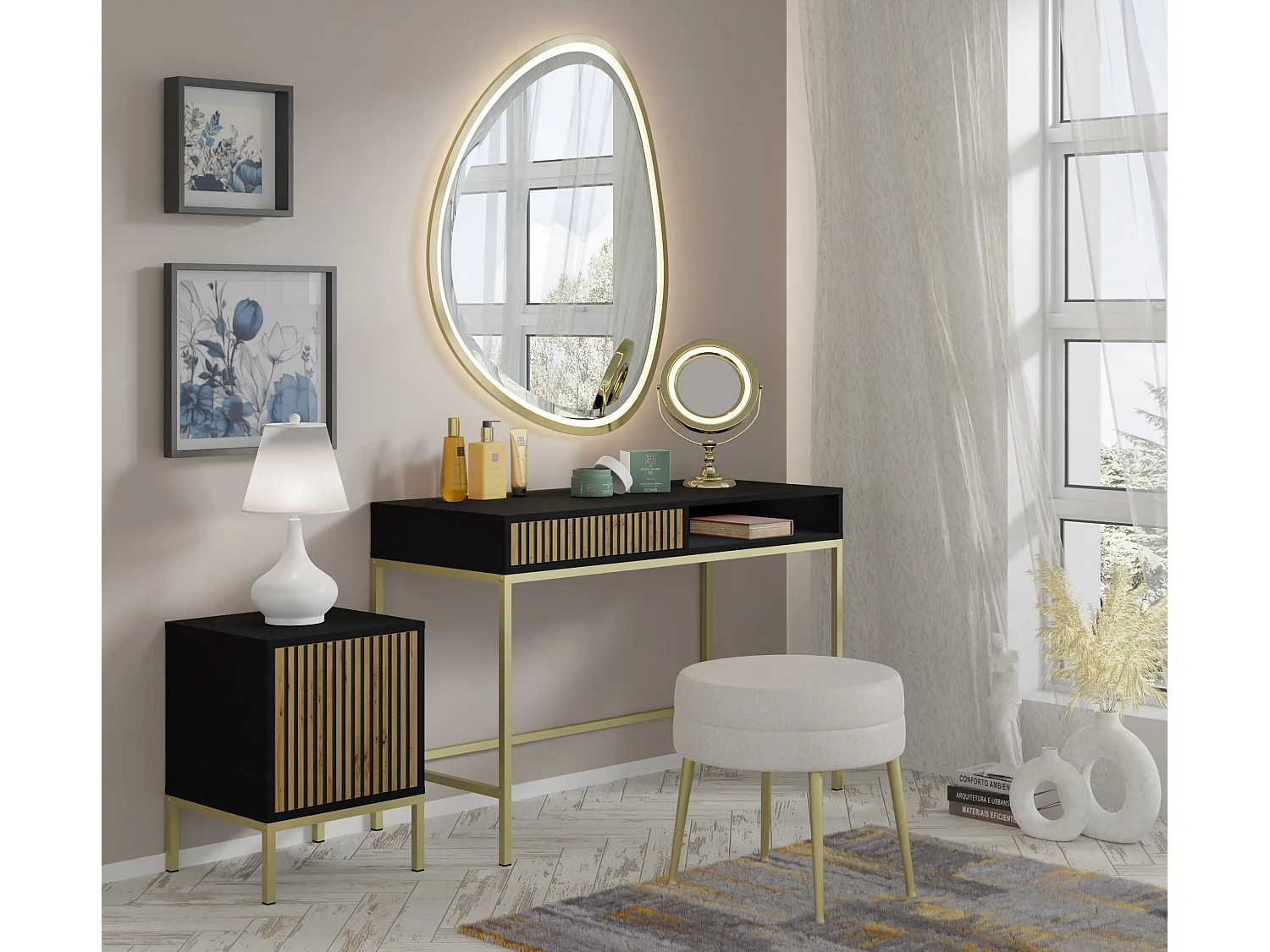 Toeletta Ravenna F 112x50 cm consolle - con cassetto - nero opaco / quercia artigianale