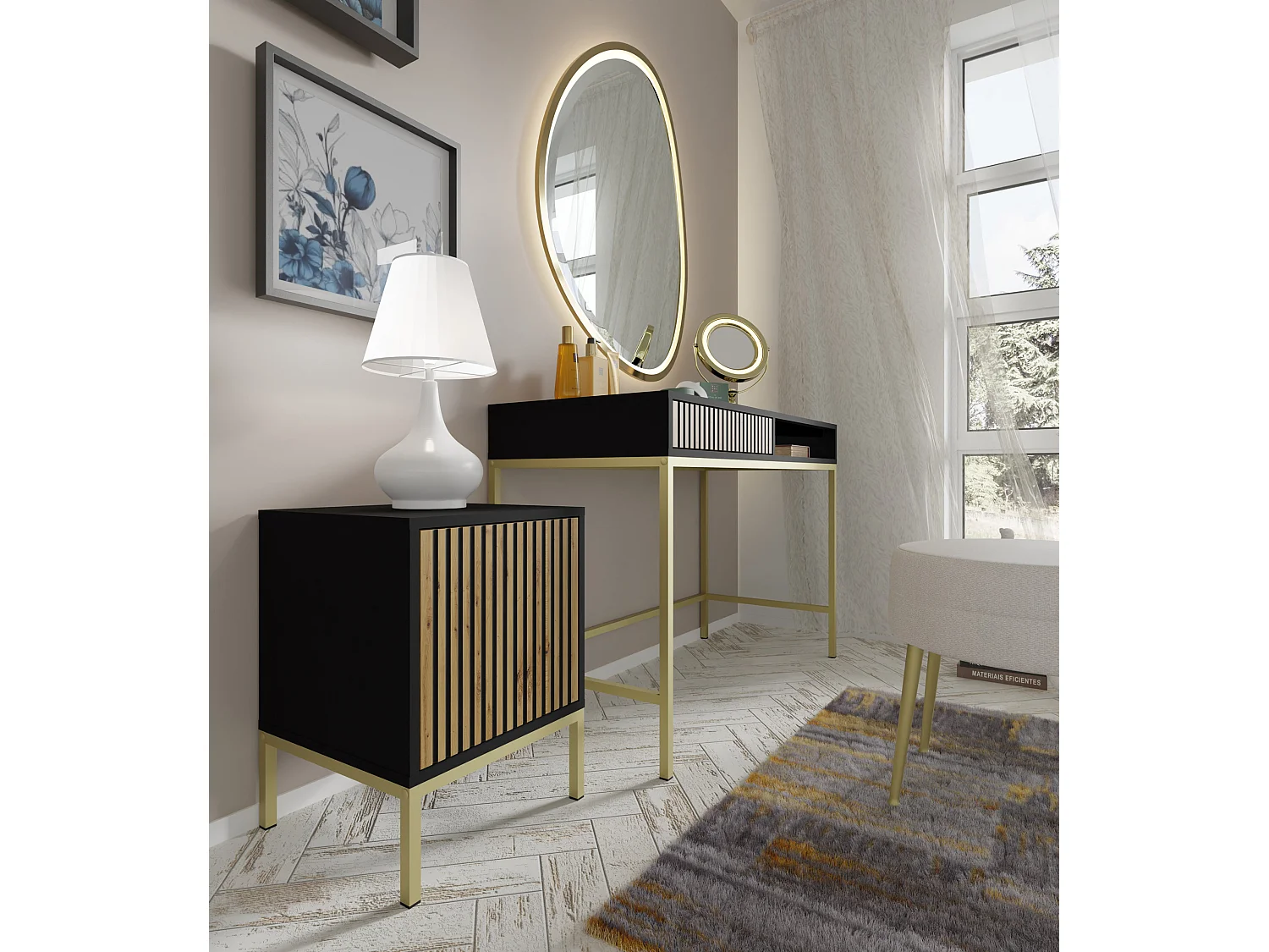 Frisiertisch RAVENNA F 112x50 cm Konsole - mit Schublade - Schwarz Matt / Artisan Eiche