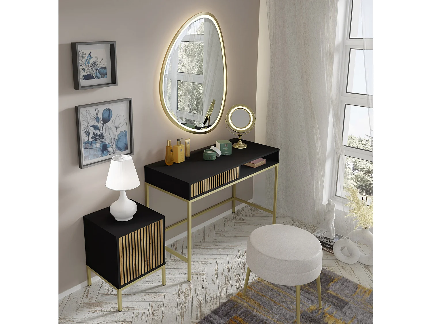 Frisiertisch RAVENNA F 112x50 cm Konsole - mit Schublade - Schwarz Matt / Artisan Eiche