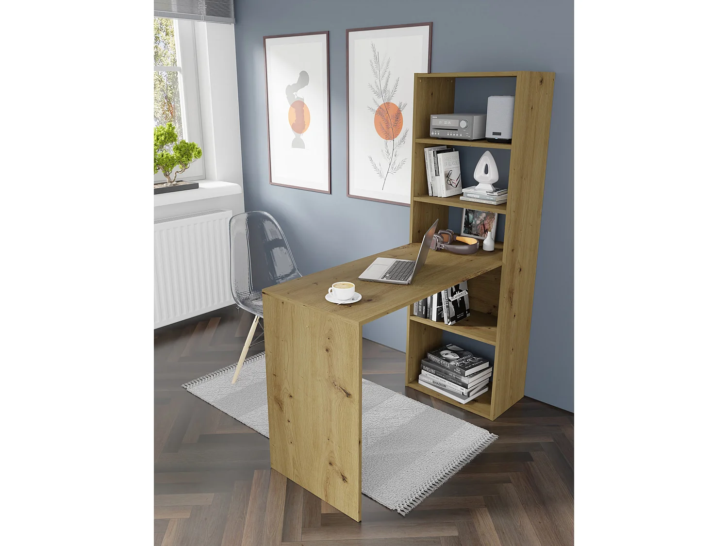 Bureau HARMONY 120 cm - bureau informatique - avec étagère - chêne artisan