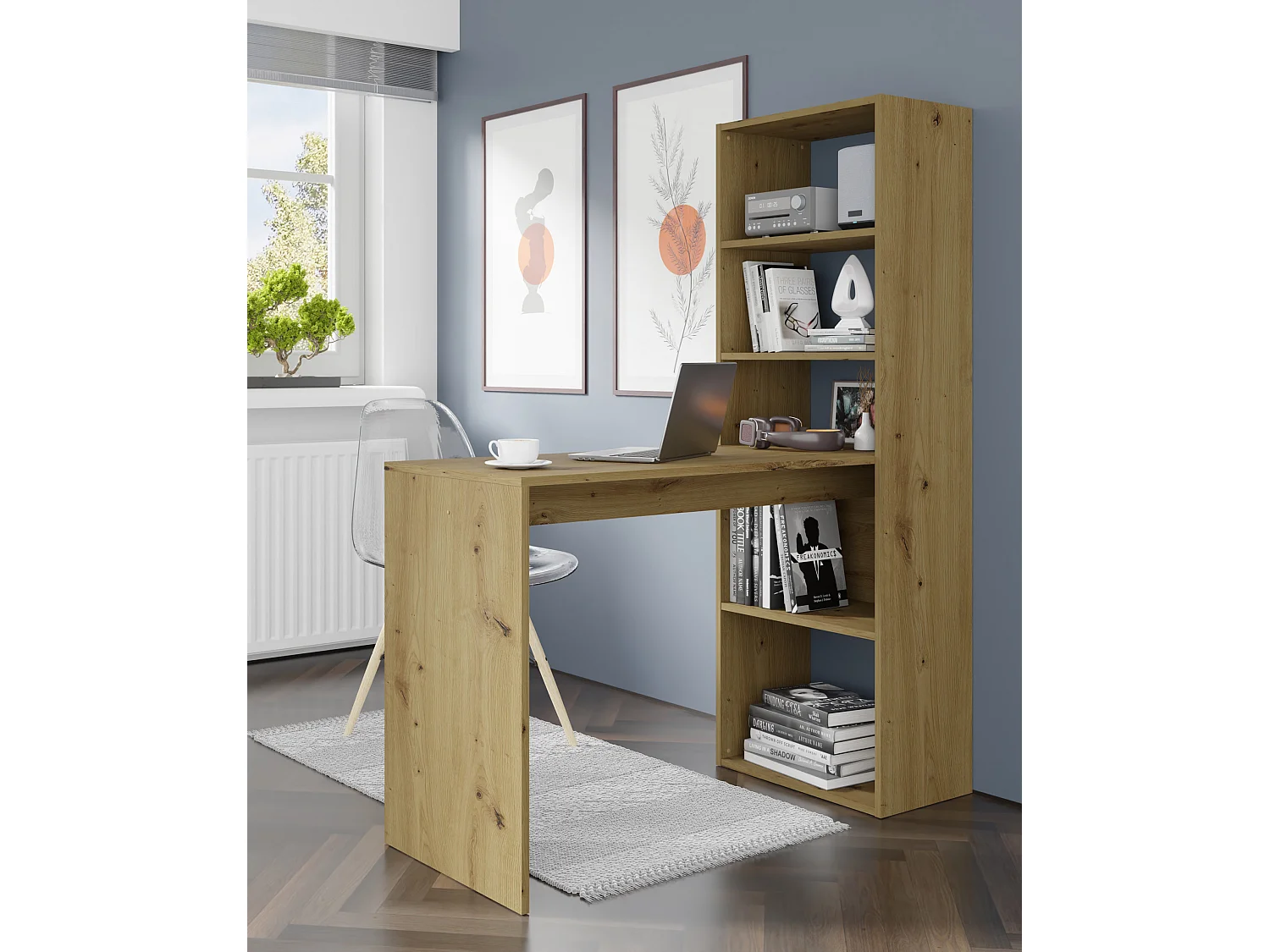 Bureau HARMONY 120 cm - bureau informatique - avec étagère - chêne artisan
