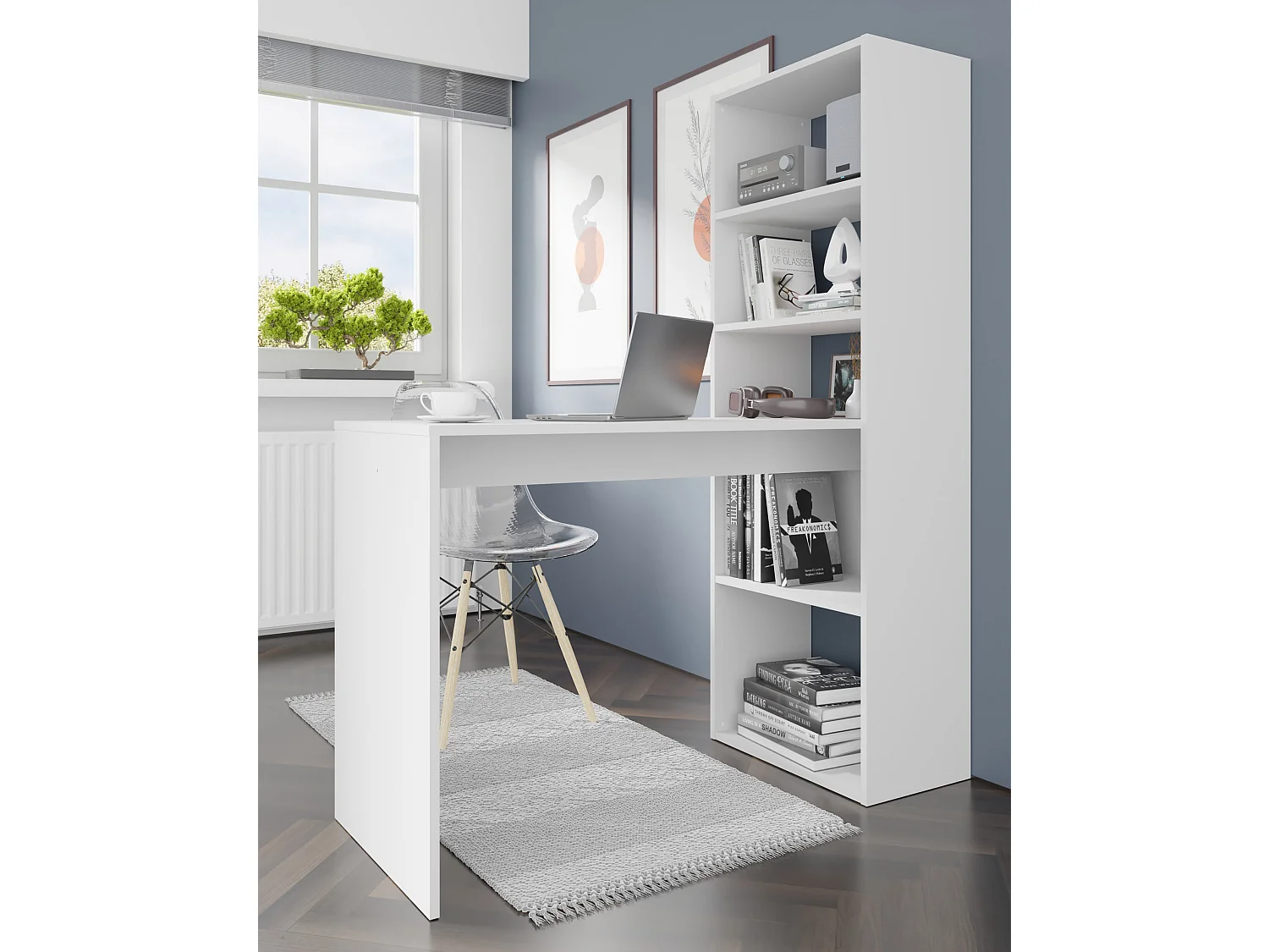 Bureau HARMONY 120 cm - bureau informatique - avec étagère - blanc mat