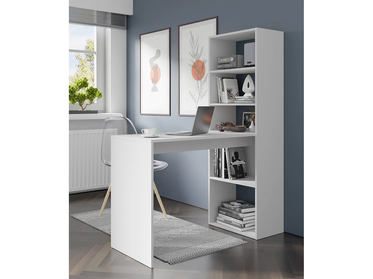 Bureau HARMONY 120 cm - bureau informatique - avec étagère - blanc mat