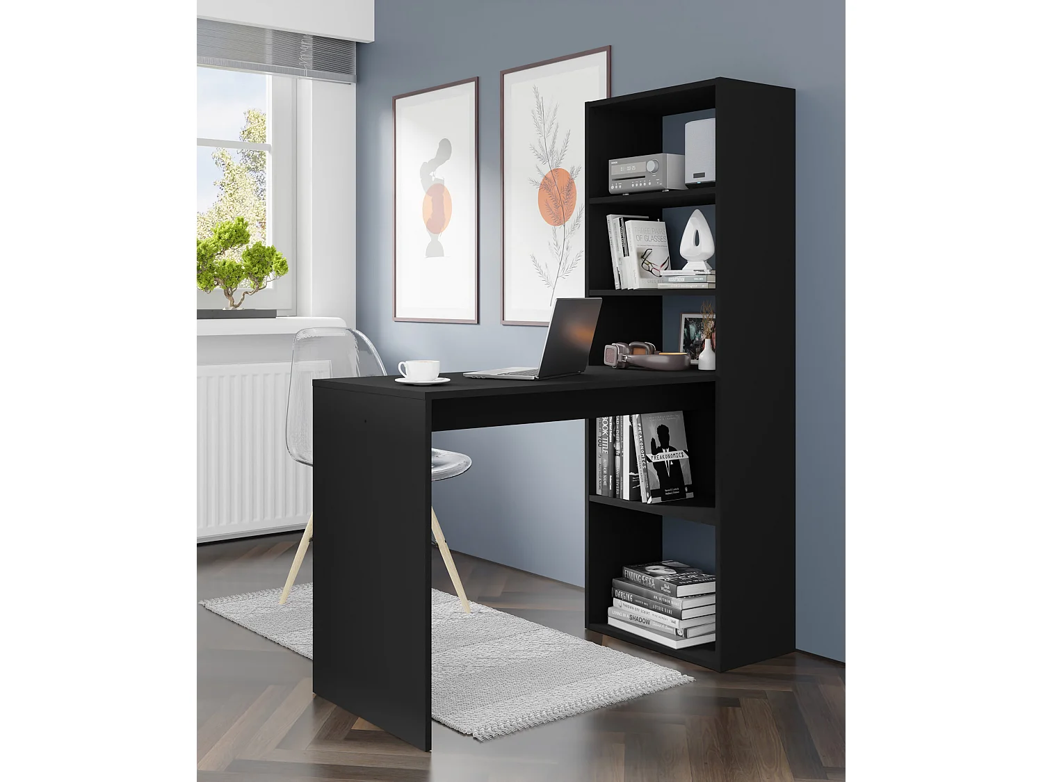 Scrivania HARMONY 120 cm - scrivania per computer - con scaffale - nero opaco
