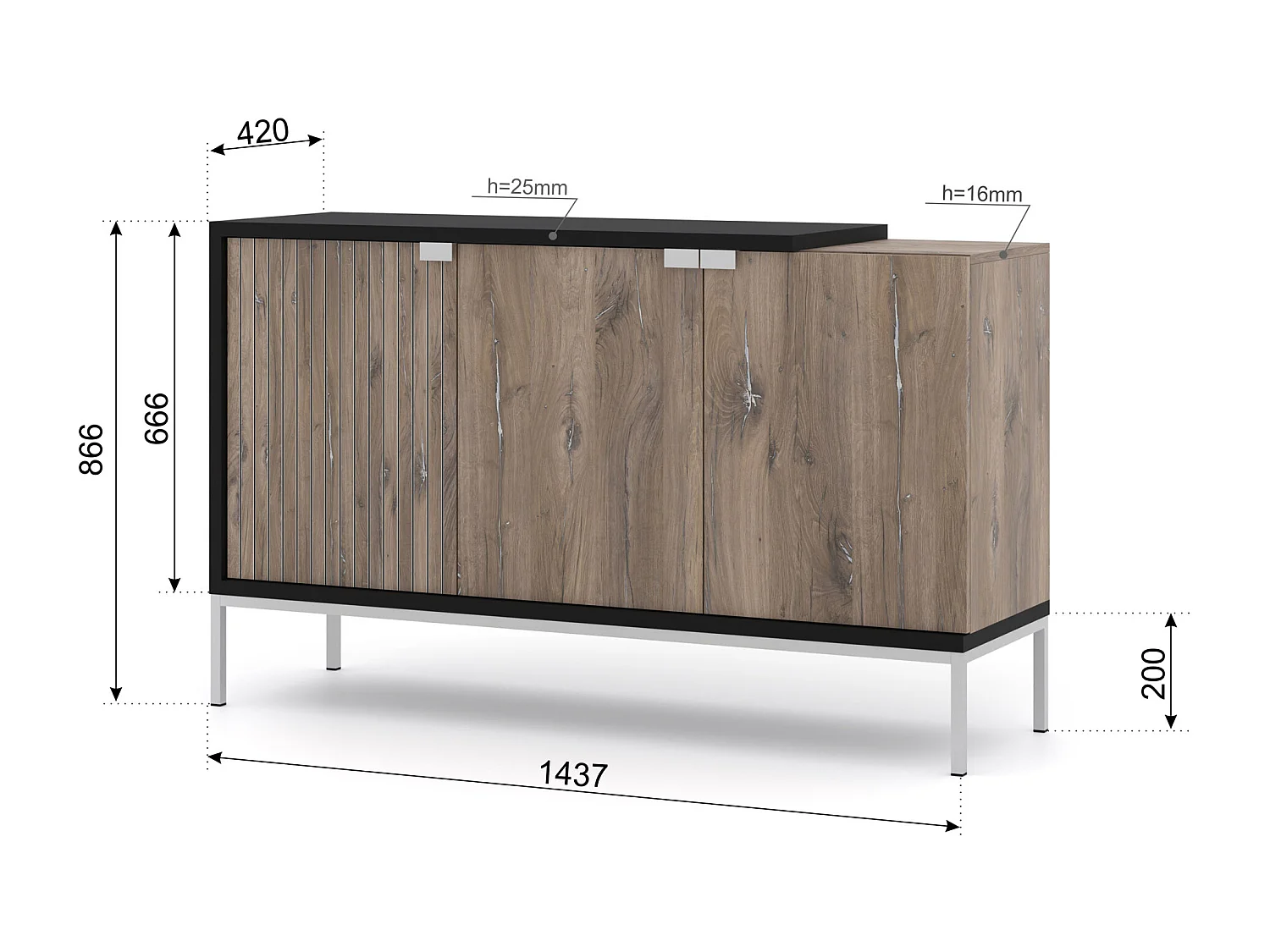 Cómoda TOLEDO 143 cm 3D roble flagstaff / negro mate