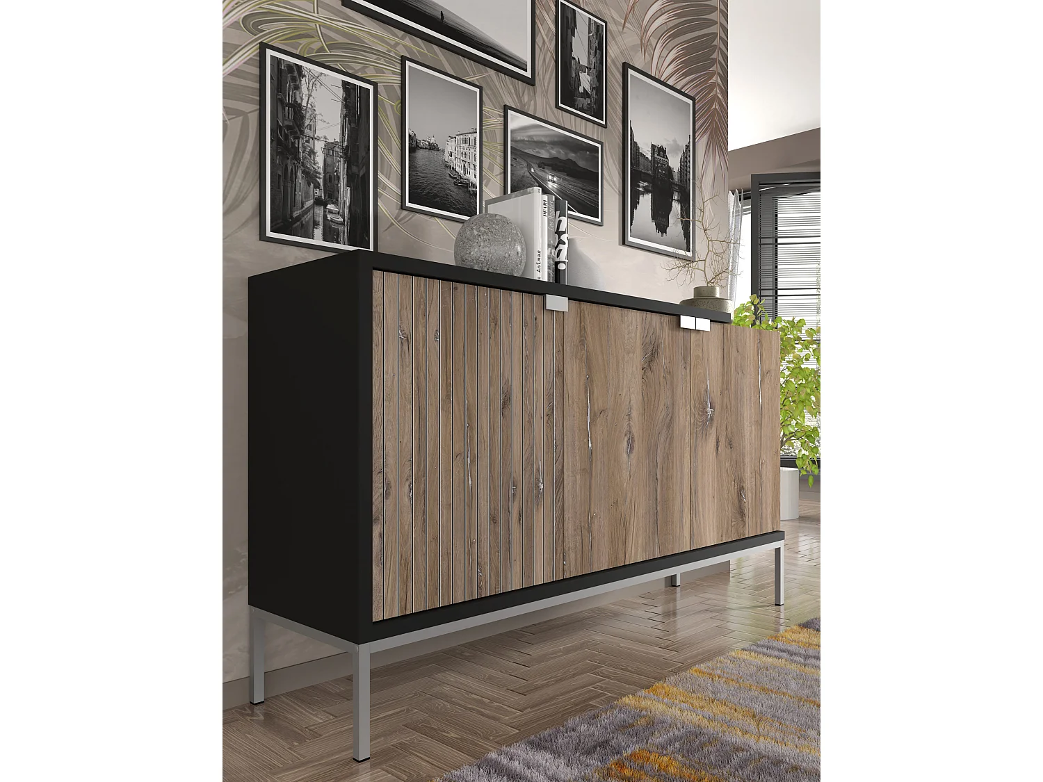 Commode TOLEDO 143 cm 3D chêne flagstaff / noir mat - cadre argenté