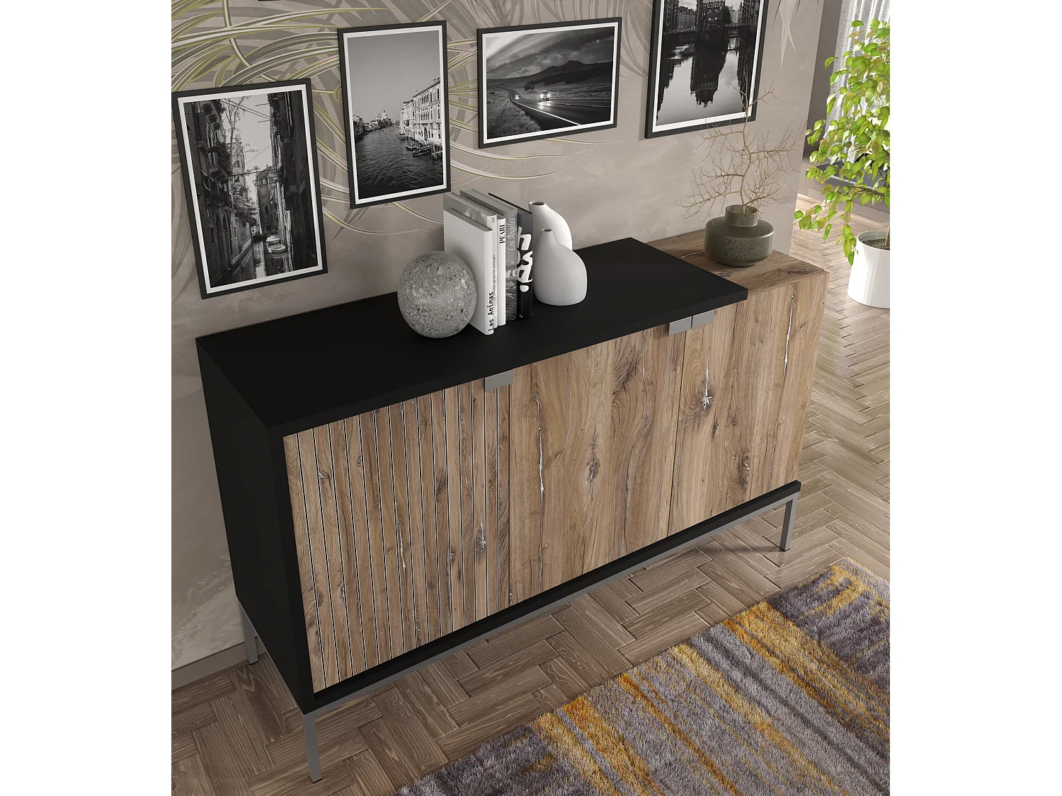 Commode TOLEDO 143 cm 3D chêne flagstaff / noir mat - cadre argenté